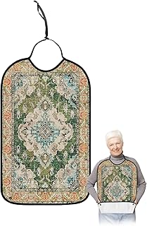 Kewadony Adult Bibs for Elderly Women - Green Boho Waterproof Dining Clothing Protectors with Crumb Catcher for Eating/Feeding, Ethnic Tribal Geometric Vintage Print Abstract Terry Cloth Bib Washable