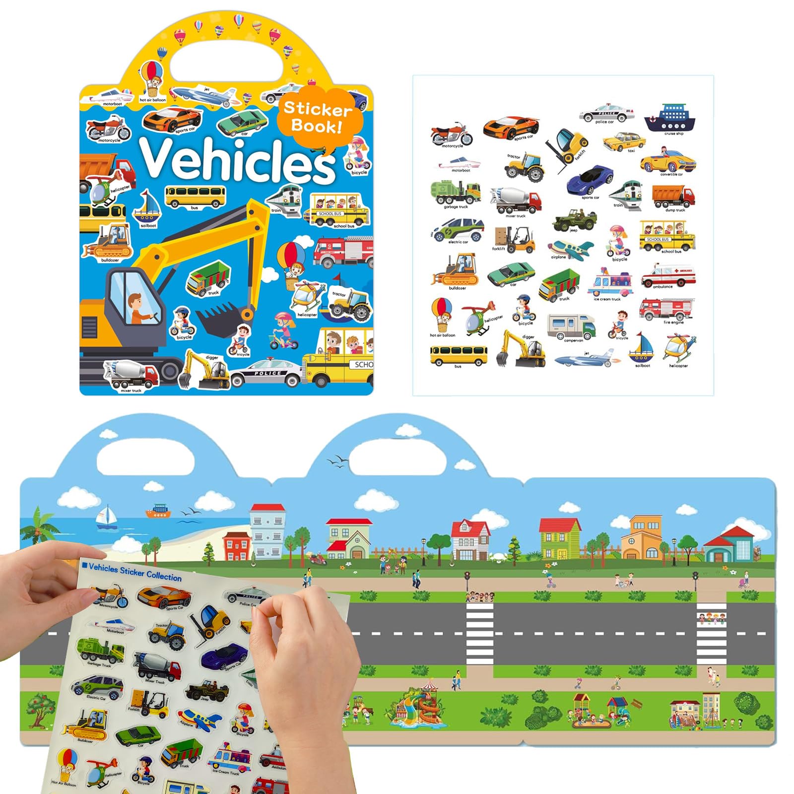 Vehicle Sticker Book for Toddlers 3-6 Years - 36PCS Reusable Waterproof Stickers with Trucks, Cars, Airplanes and Boats, Montessori Travel Activity