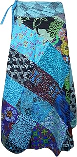 Mogul Interior Wrap Around Skirts Cotton Carolina Blue Patchwork Boho Midiskirt OneSize