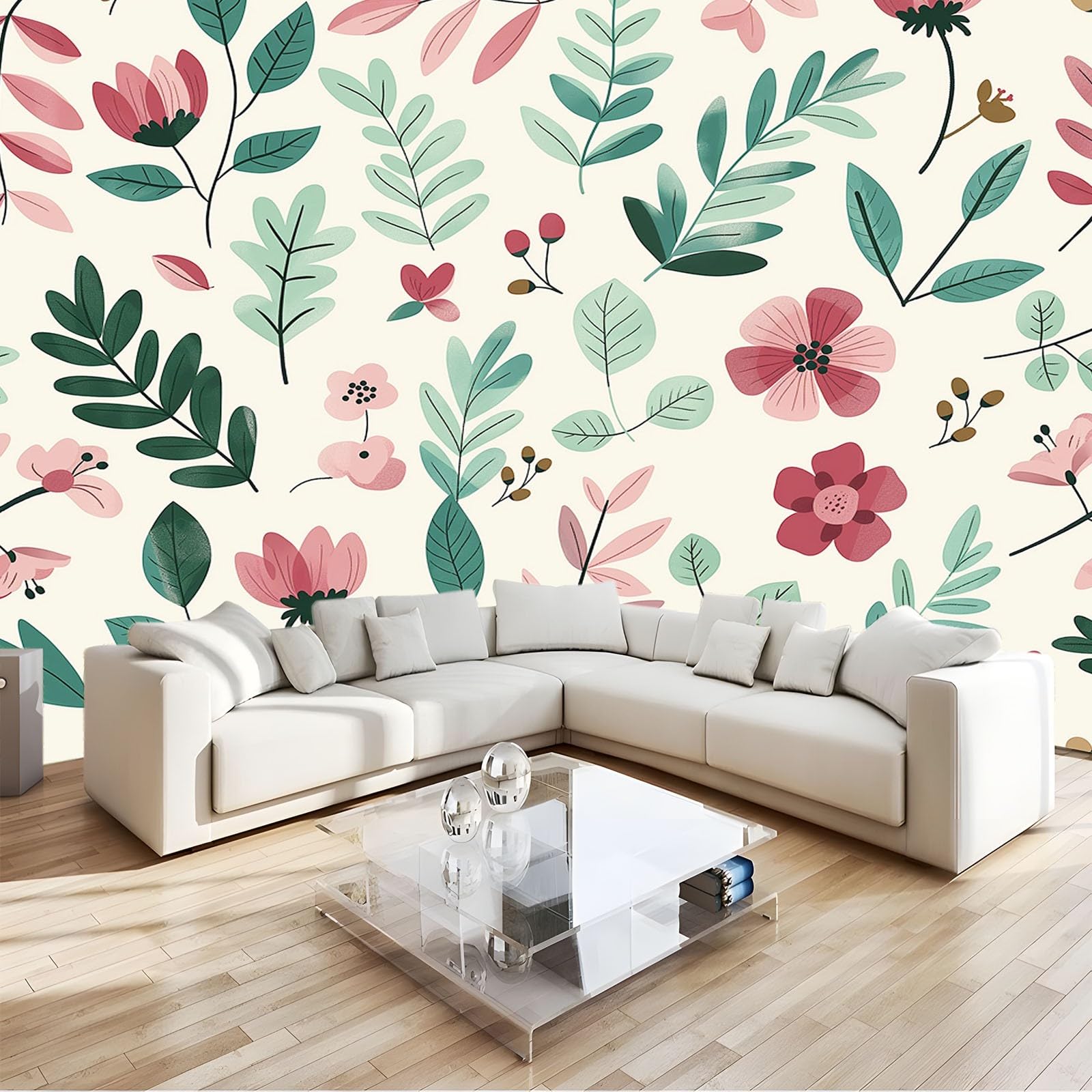Papier peint salon motif sauge floral beige pour créer une ambiance naturelle dans la chambre