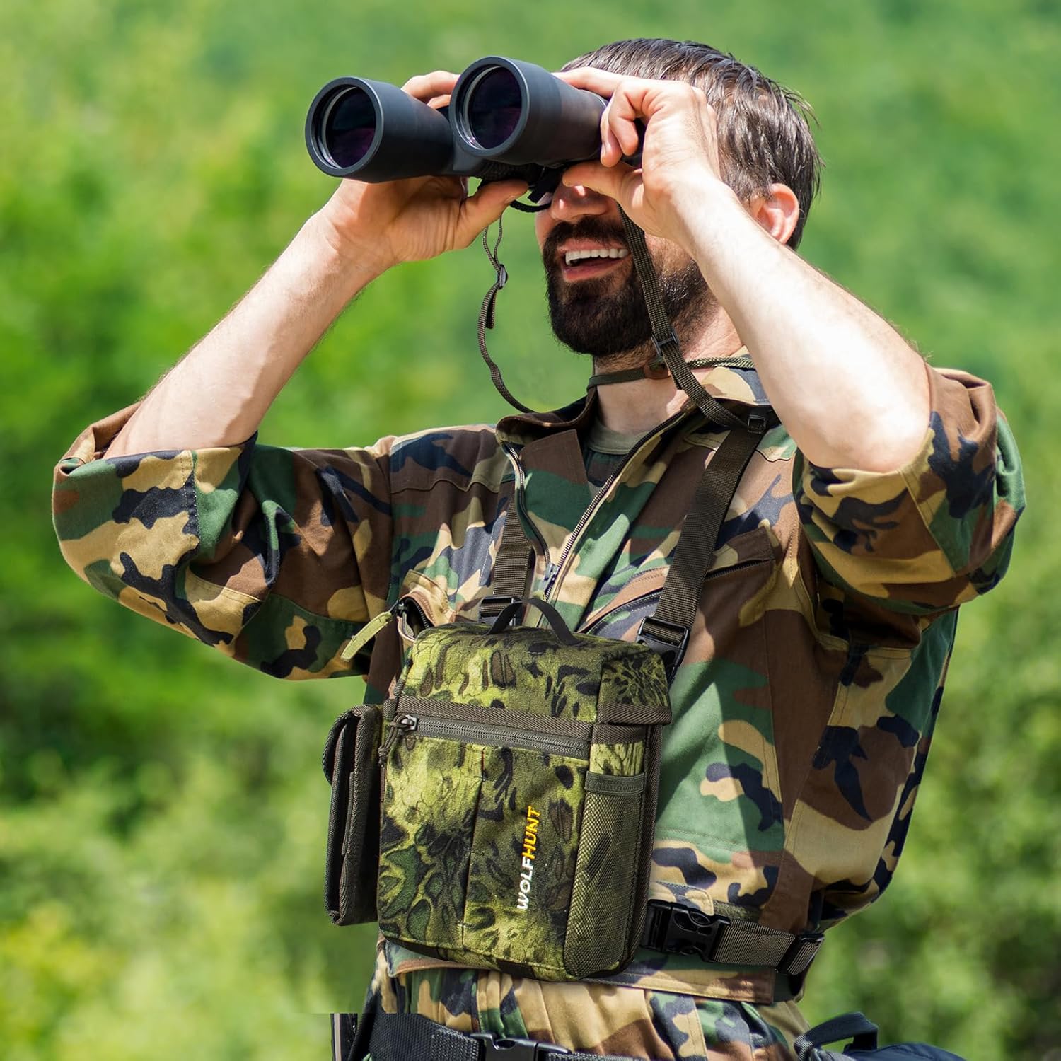 Binoculars Harness, Bino Chest Pack with Rangefinder Pouch, Binoculars Bags Magnetic Opening Bino Case Triple-Use Mode, Hunting Chest Pack with Tether Straps, Molle System & Lens Cleaning Cloth