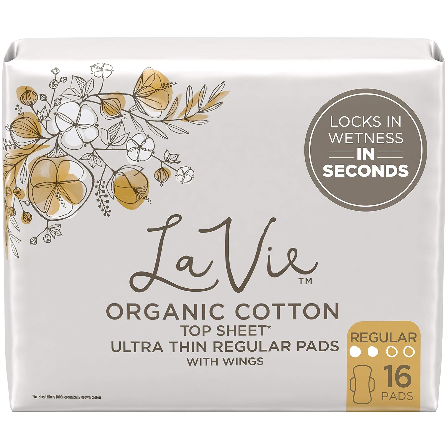 La Vie Organic Cotton Top Sheet* Pads with Wings, Ultra Thin, Regular, 16 Count