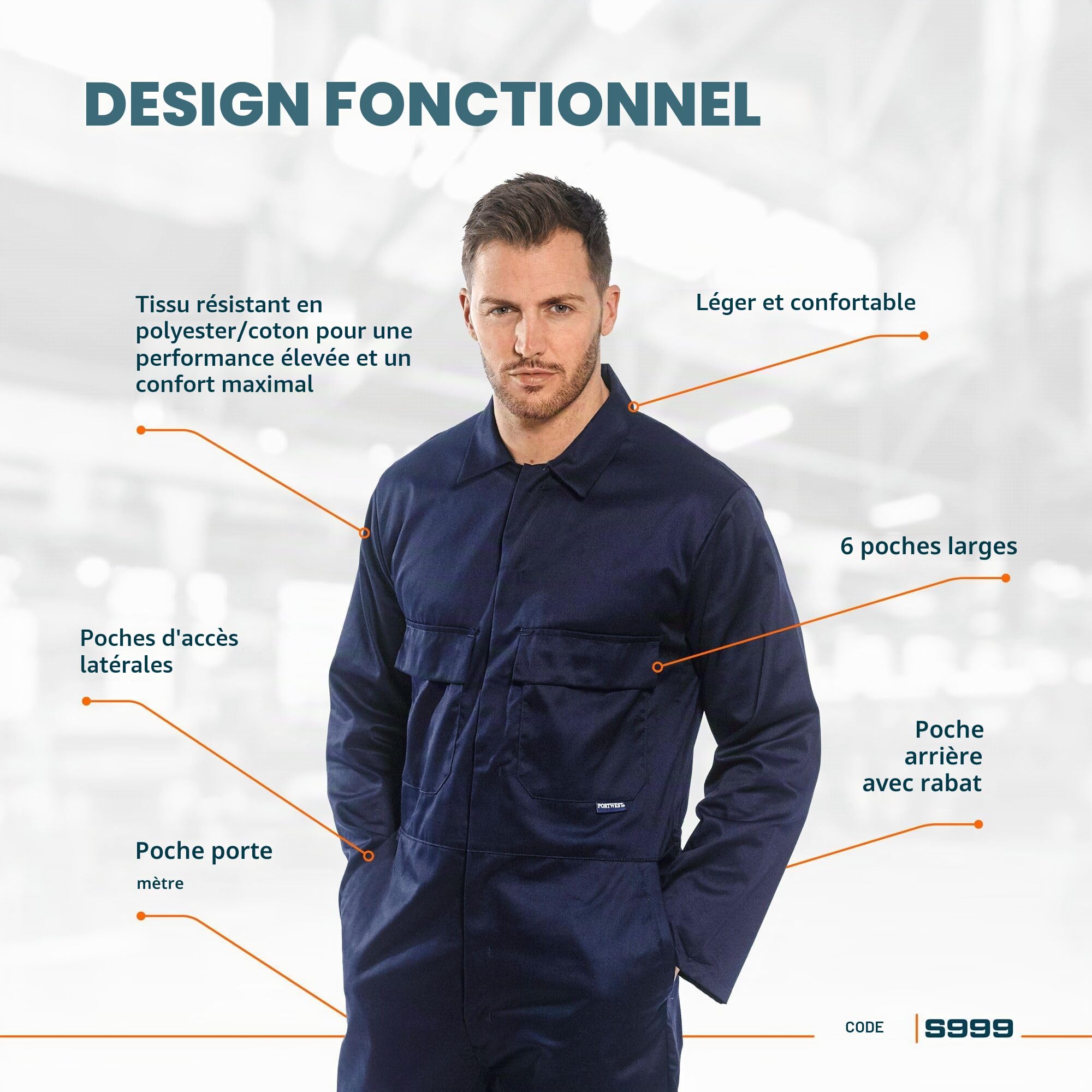 Portwest S999 Combinaison de Travail Homme Polycoton Kingsmill Bleu de Travail Professionnel 6 Poches Poche Mètre Fermeture Pressions UPF 40+ Atelier Industrie Chantier Peinture, Tall, Bleu Marine, XL