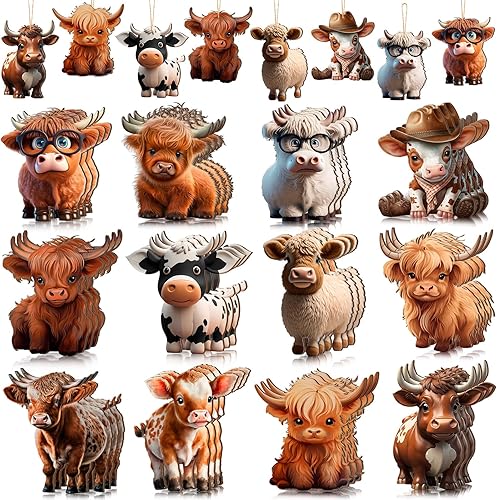 Wenqik 36 piezas de ornamento de madera de vaca de las tierras altas para árbol de dibujos animados lindo ganado decorativo colgante de madera de