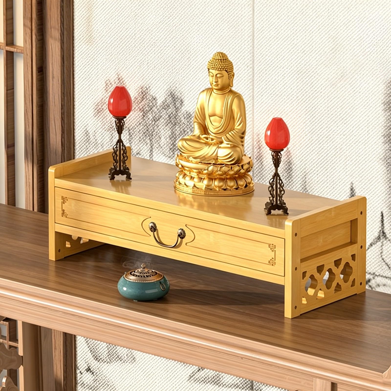 JNTFNE Bamboo Meditation Altar Table, Personal Shrine Table with Drawer, Prayer Offering Stand, for Devotional Practices, Offerings, and Display(Wood,52 * 16.5cm/20.5 6.5in)