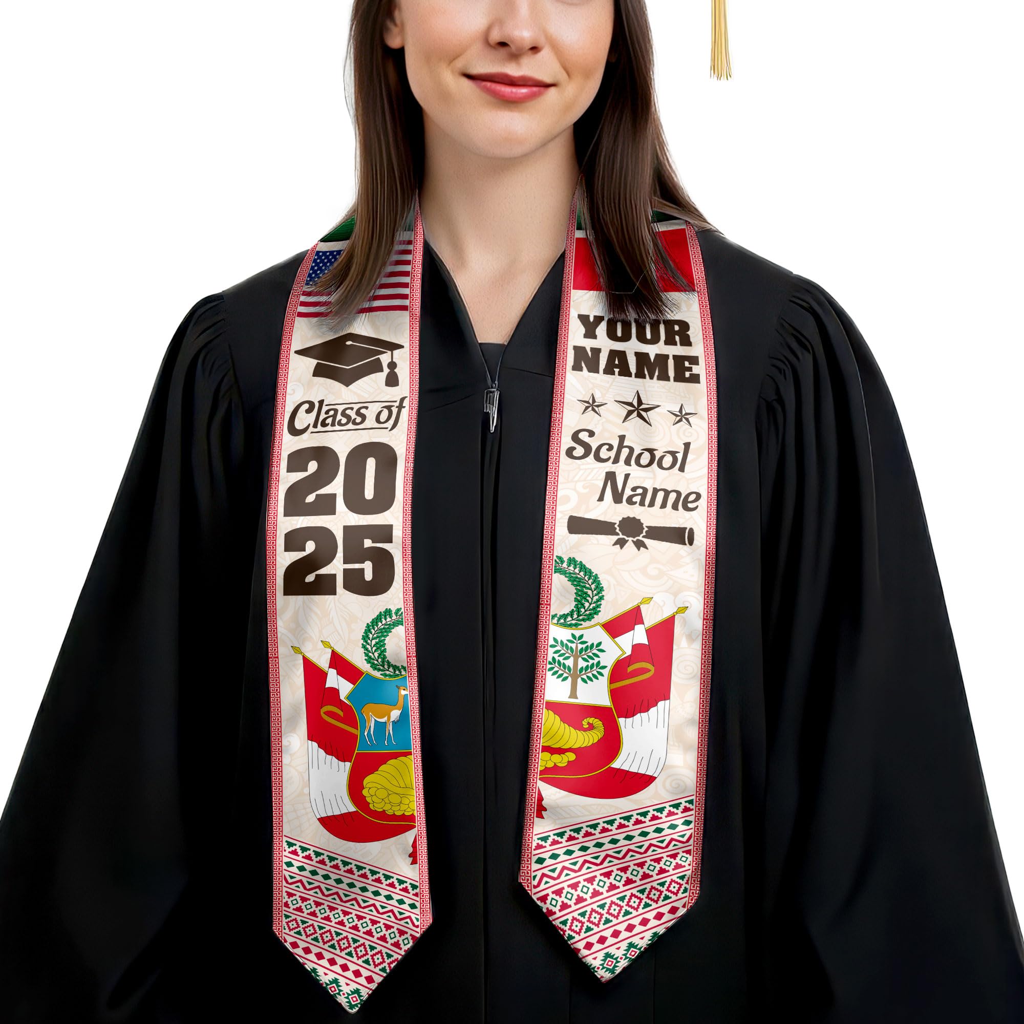 MonkeyVan Personalized Peruvian Graduation Sash, Custom Peruvians American Flag Graduation Stole 2025, Peru Graduation Stole S372