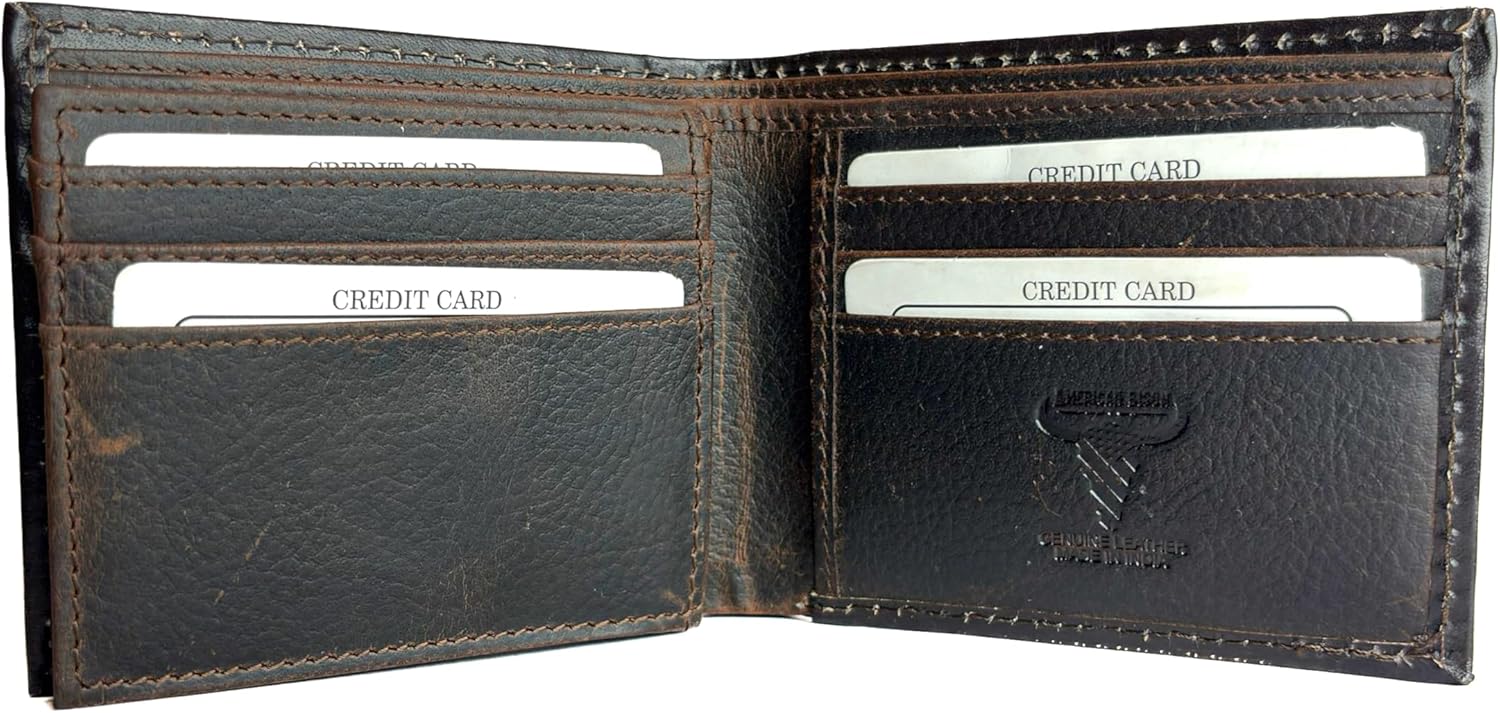 American Bison RFID Wallet for Men – Hand-Tooled Floral Cowhide Leather Bifold Wallet with Gift Box (Dark Brown)