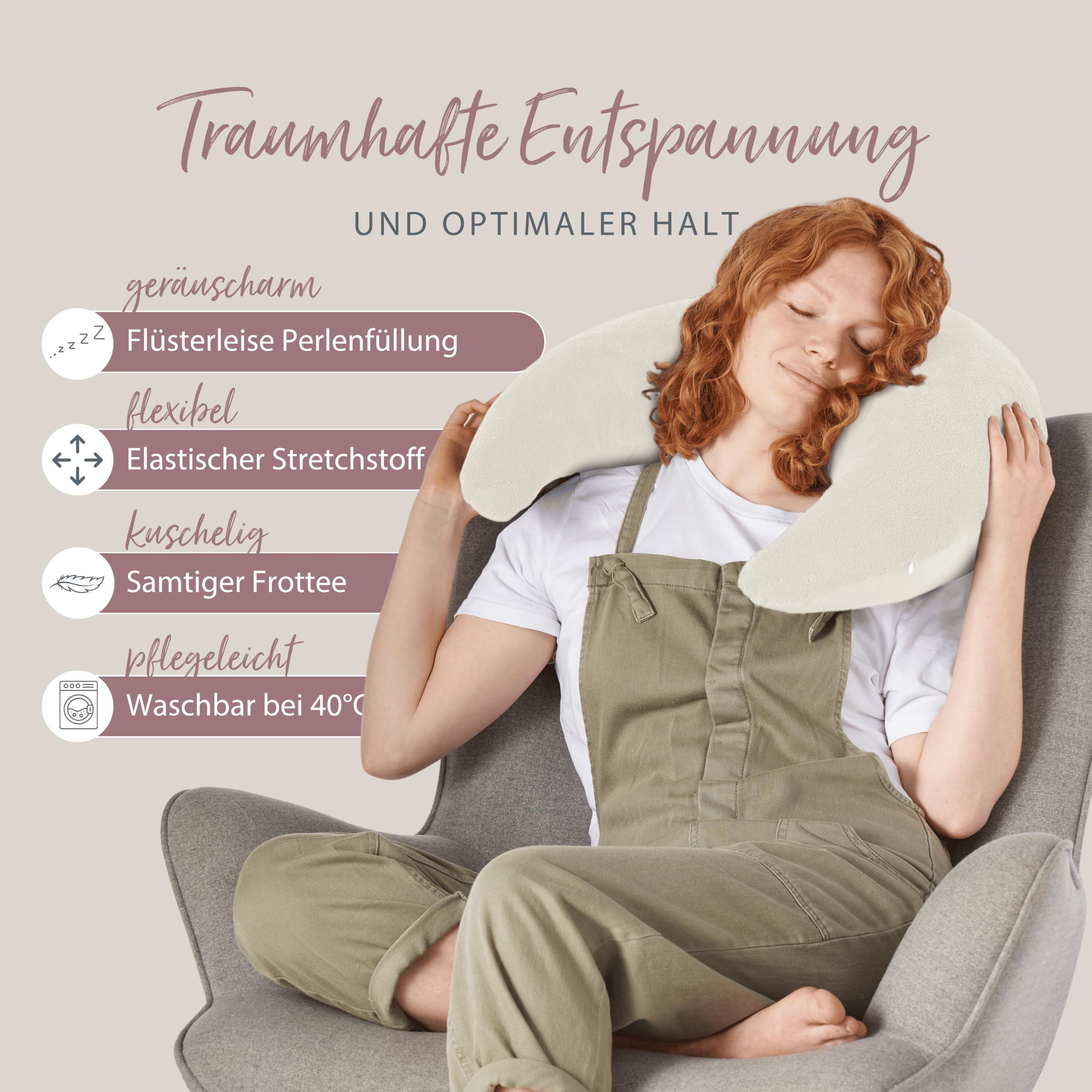 Theraline Plüschmond Stillkissen, Kopfkissen und Nackenkissen mit Perlen, ergonomisches Kissen zum Stillen, Schlafen und Lesen, Stillmond mit Plüsch, Mondkissen waschbar bis 40°C Farbe: Creme