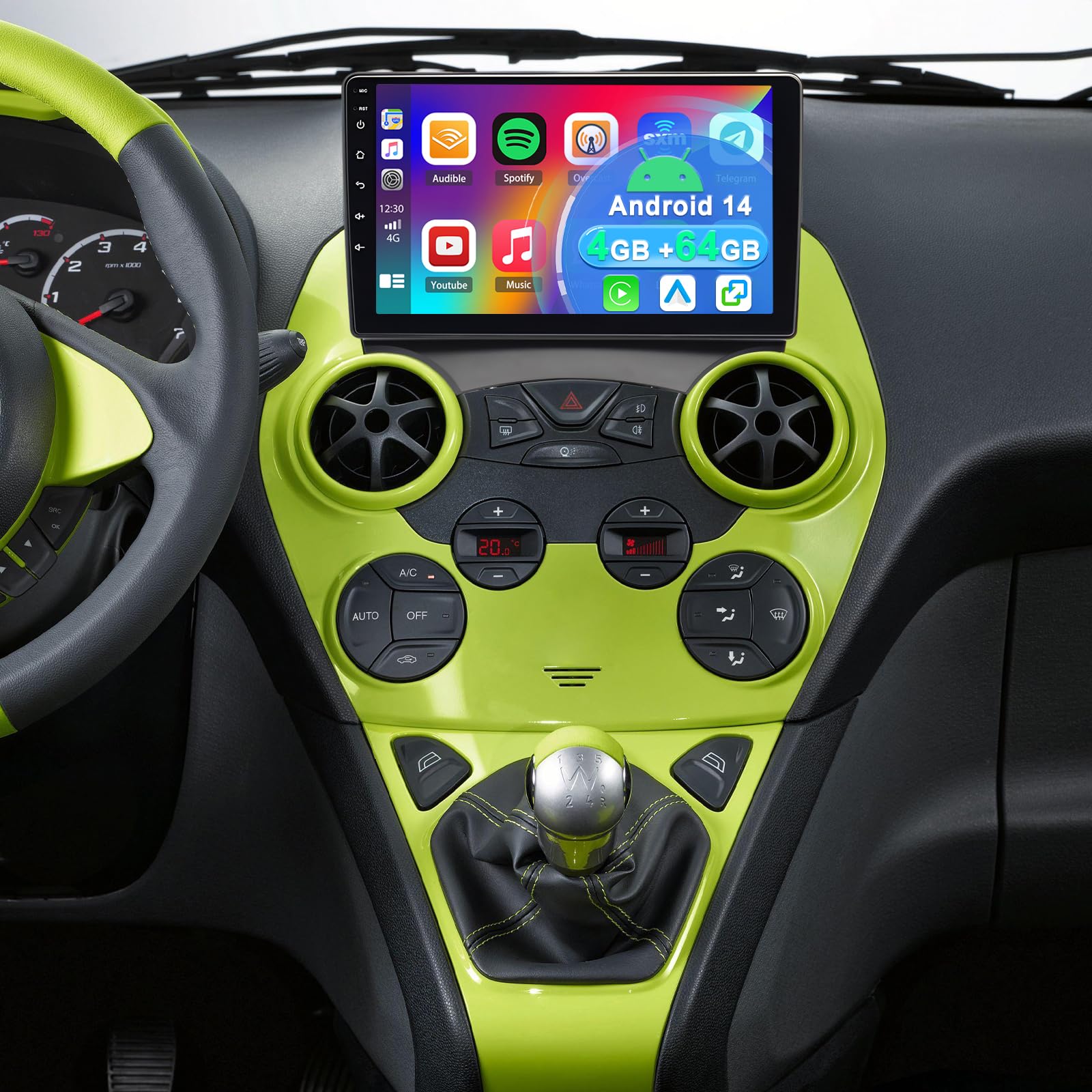 4+64G Android 14 Autoradio Stereo per Ford Ka 2008-2014 con Wireless Carplay Android Auto, 9 pollici Touch Screen Radio Lettore Multimediale con navigazione GPS FM RDS Mirror Link SWC Schermo diviso