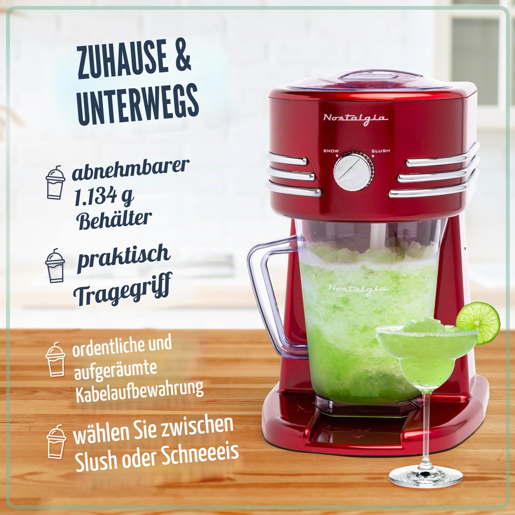 Nostalgia 1,2-Liter Gefrorene Getränkestation - Optimal für Slush-Drinks, Schneekegel, Margaritas, Daiquiris, Edelstahlklingen, Kabelaufbewahrung, Retro Rot
