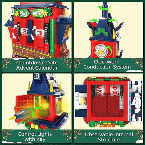 Miniatura 2 de Torre de cuenta regresiva de Navidad, juguetes de construcción de casa de aldea de Navidad con luz LED, reloj de cuenta regresiva, idea de regalo de