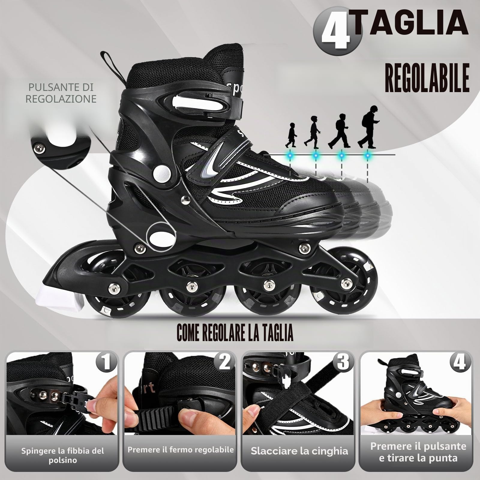 Pattini in linea regolabili per bambini e adulti con ruote luminose 4 ruote