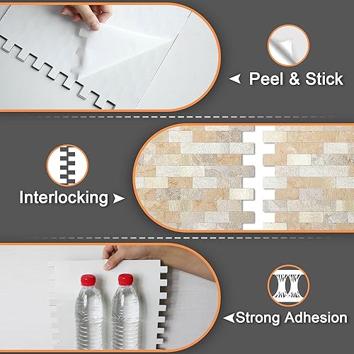 Miniatura 7 de VAOVI Azulejos adhesivos para despegar y pegar para cocina, azulejos de baño, azulejos de mármol, azulejos de ducha impermeables (5 hojas, beige