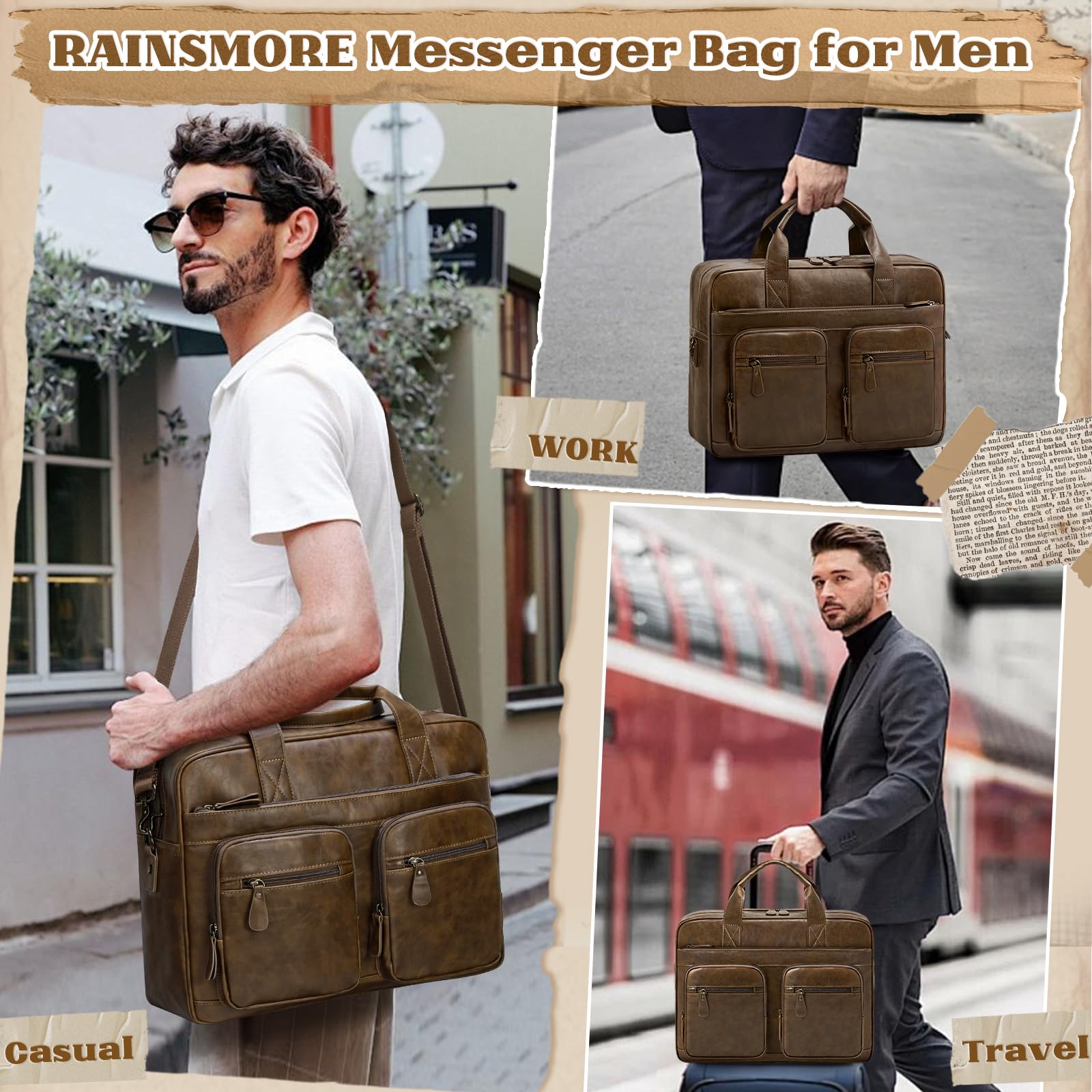 RAINSMORE Arbeitstasche Herren Vintage Aktentasche Laptoptasche 15.6 Zoll Wasserdicht Umhängetasche Ledertasche