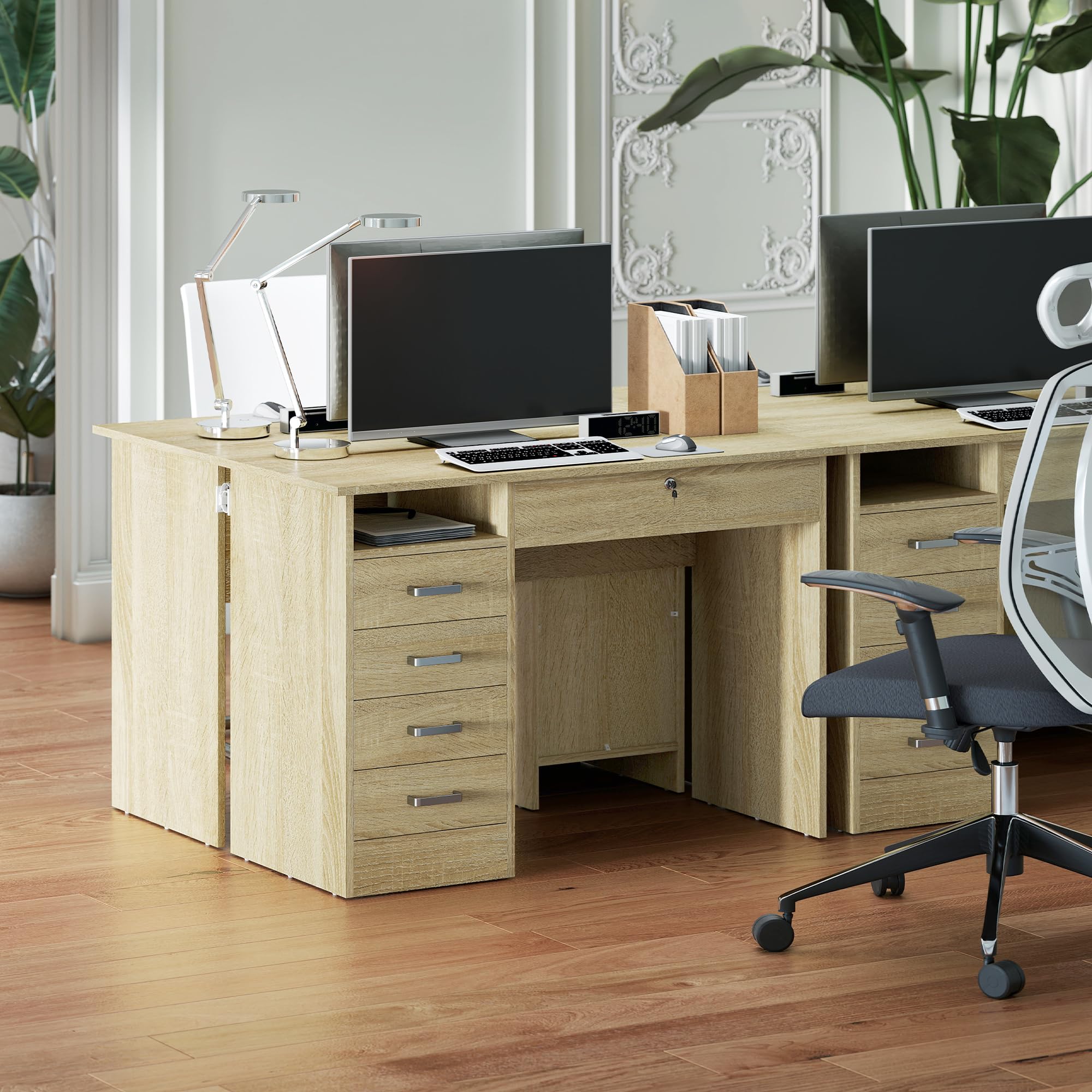 HOMCOM Tavolo per computer moderno con 5 cassetti, ampio piano, 1 scomparto aperto, cassetto con serratura, 110 x 50 x 76 cm, rovere