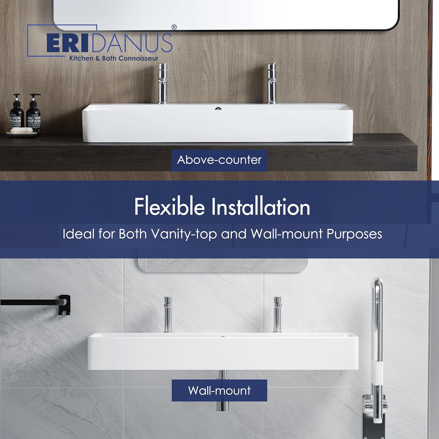 Diagram highlighting key features of the Eridanus Bathroom Sink: Durable Vitreous China, Pre-drilled Faucet Hole, Included Overflow, Flexible Installation, and Standard Drain Opening.