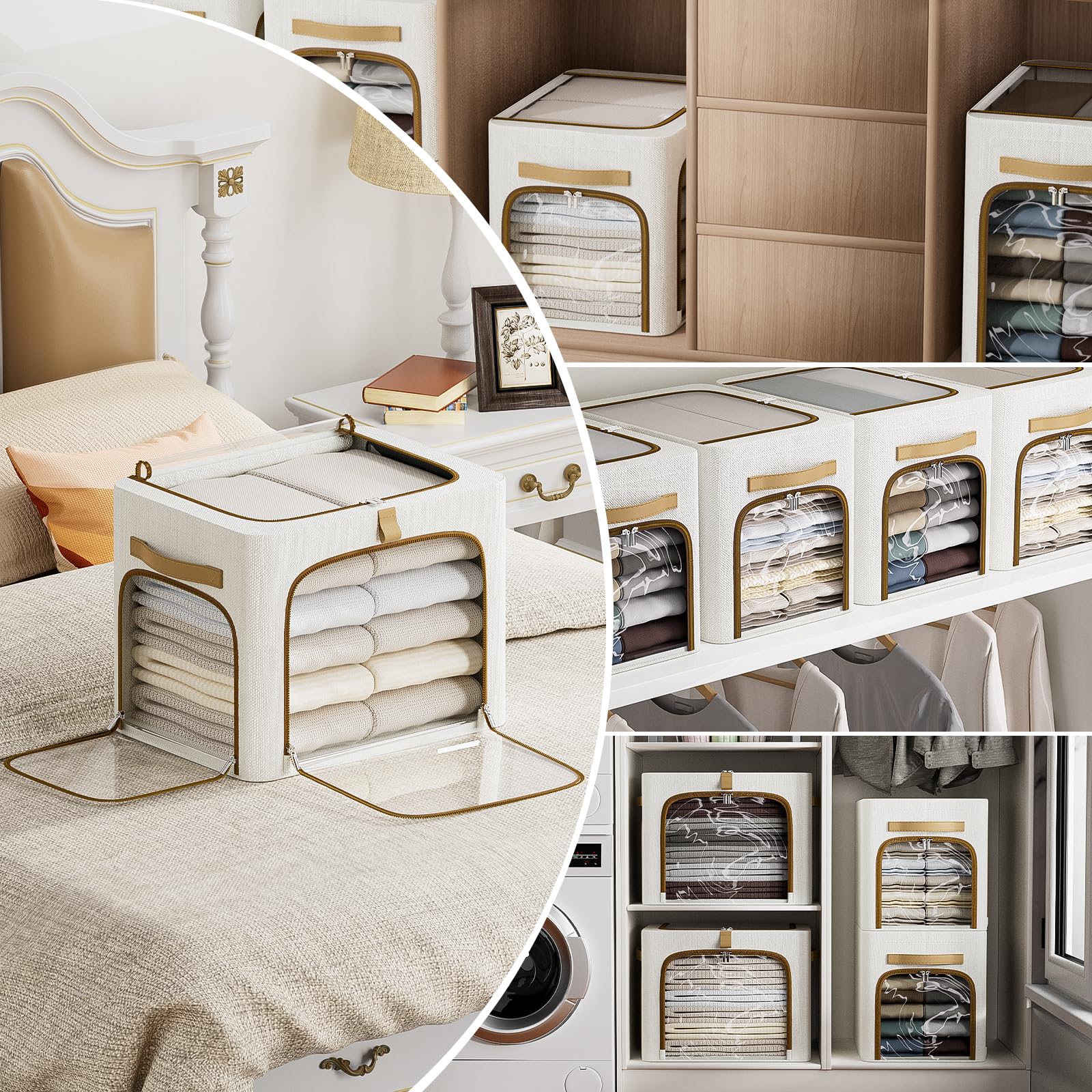 CYhom Contenitori per vestiti con struttura in metallo, 3 aperture per finestre trasparenti, confezione da 3 contenitori pieghevoli per armadio (bianco, 43 L, 43 x 12,6 x 32,6 cm)