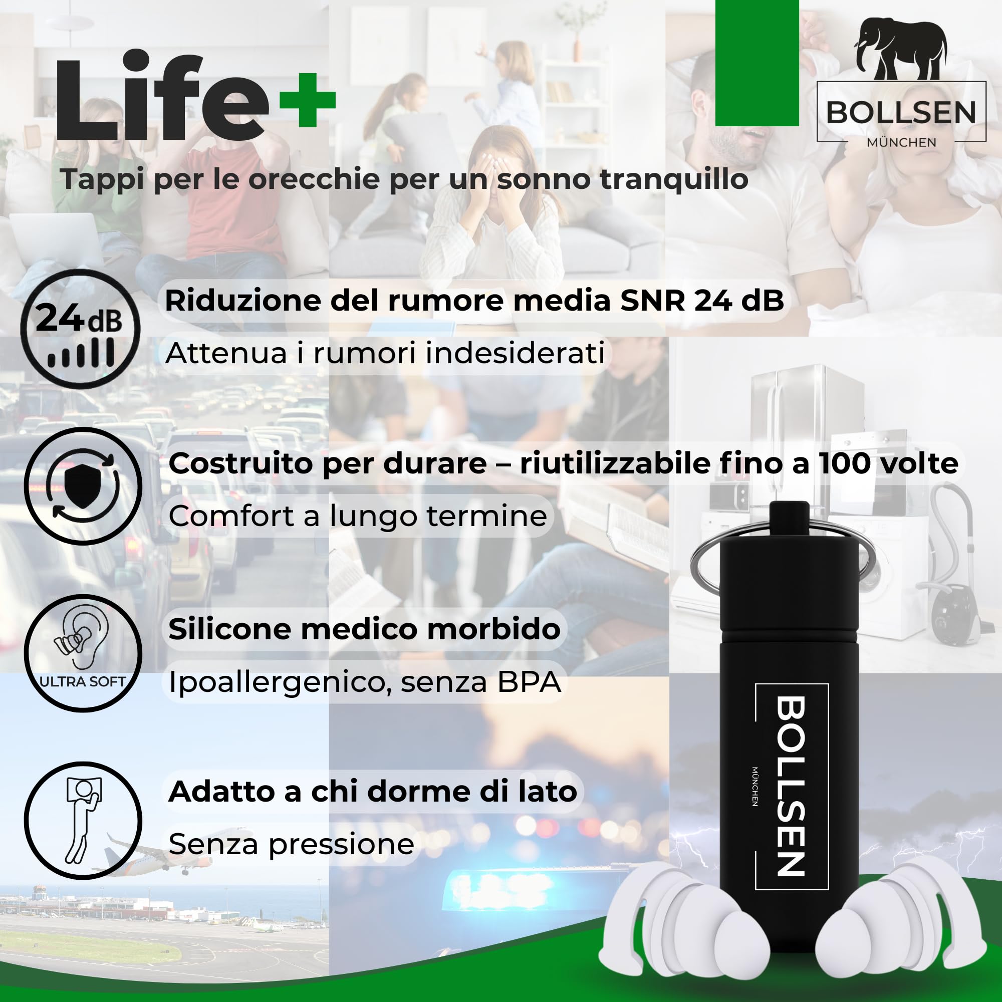 BOLLSEN Life+ Tappi per Dormire – Tappi in Silicone Antirumore – Attenuazione del rumore SNR 24 dB – Comodi da indossare tutto il giorno e la notte – Resistenti e riutilizzabili fino a 100 volte (3)