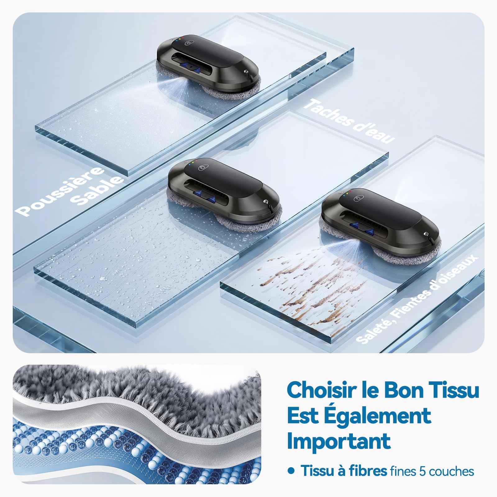 Robot Laveur de Vitre, 6500Pa Robot Nettoyeur de Vitres Automatique, Fonction Vaporisation, 3 Modes, Navigation Intelligente, Détection Bords, 10 Lingettes, pour Un Entretien Efficace des Vitres
