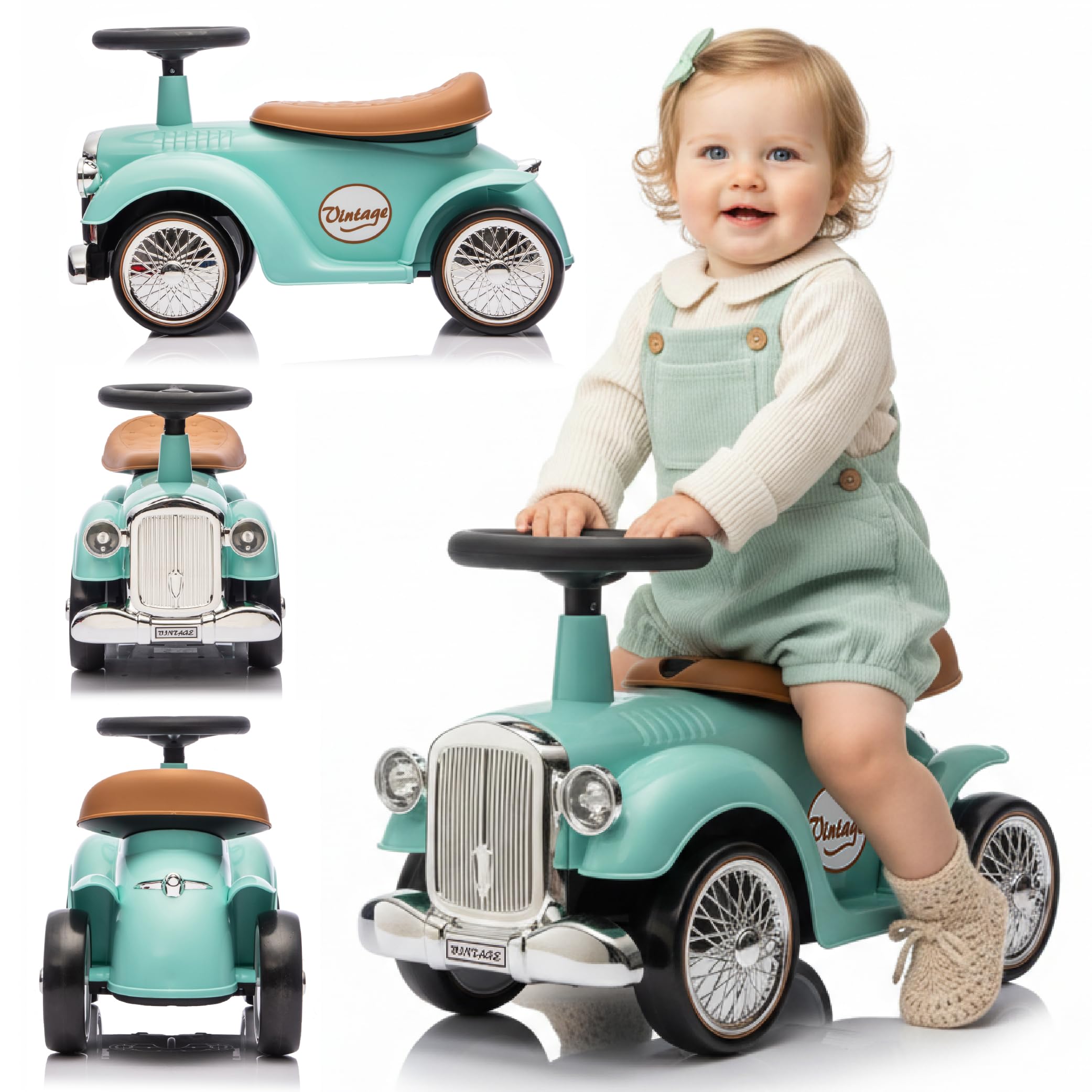 Macchinina bambino 1 anno Retro Classic, macchinina cavalcabile bambino, auto per bambini, aiuto per imparare a camminare con suoni, Volante con clacson (Turchese)
