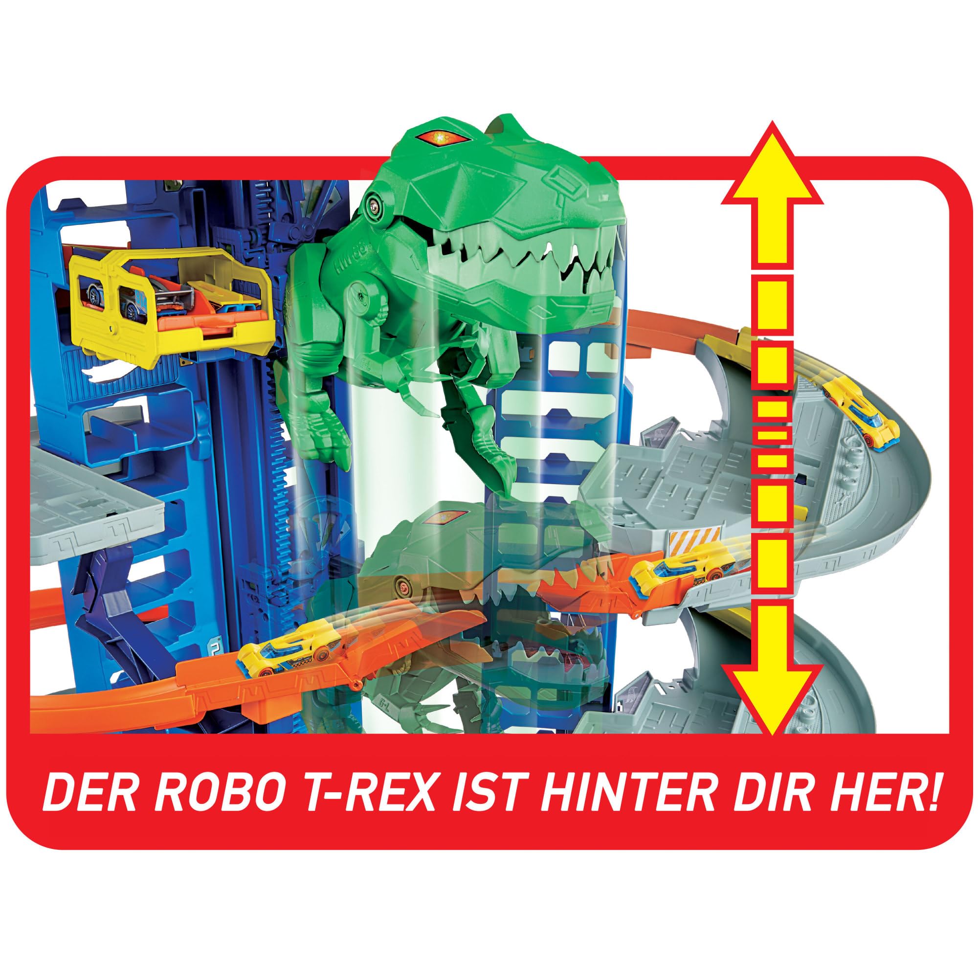 Hot Wheels Garage, Hot Wheels Parkgarage inkl. 2 Spielzeugautos, mit mehrstöckiger Autorennbahn, T-Rex Angriff und Platz für +100 Autos, Höhe: 90cm, Auto Spielzeug, Spielzeug ab 5 Jahre, GJL14