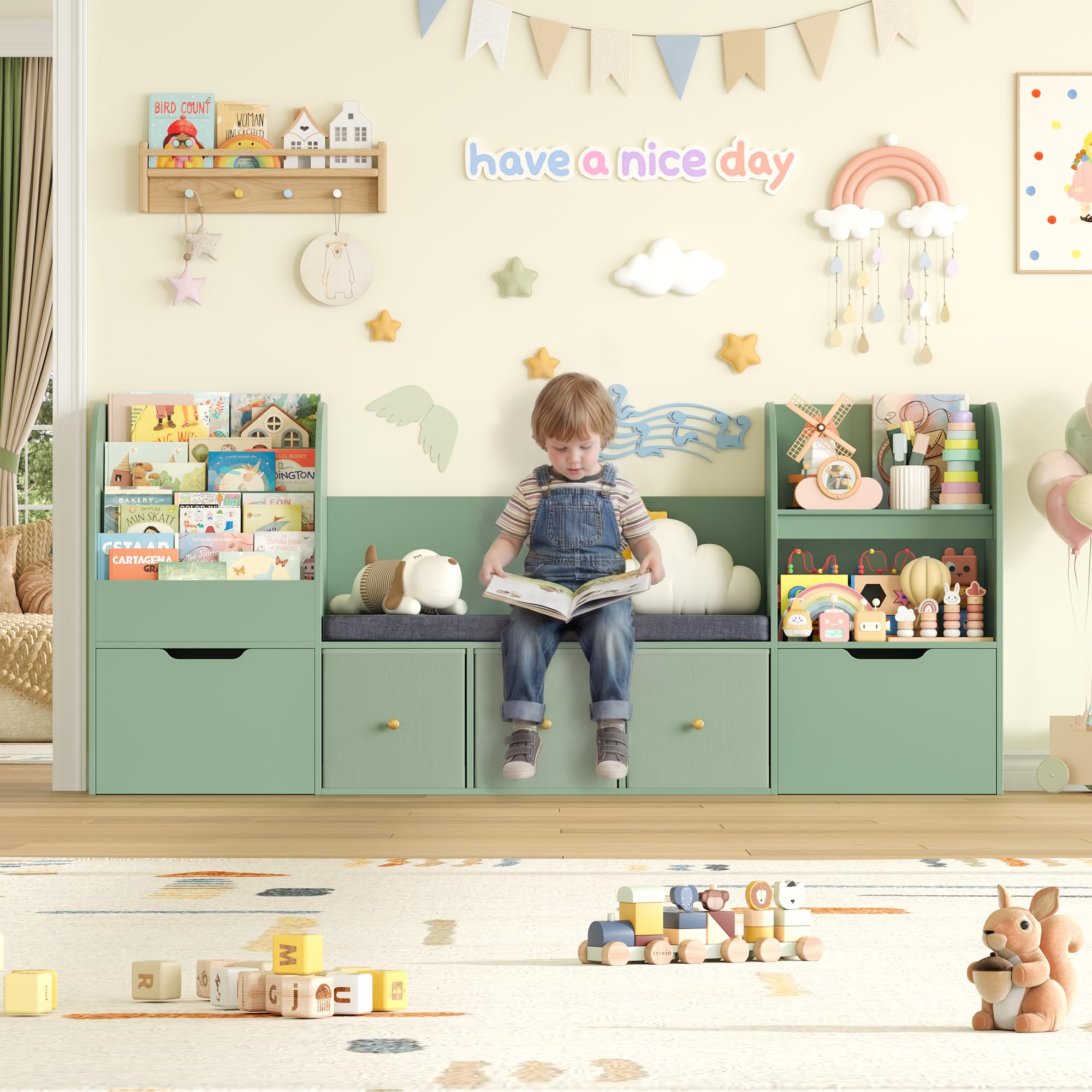 FOREHILL Meuble Rangement Enfant 180cm Bibliothèque Enfant avec Banc Vert