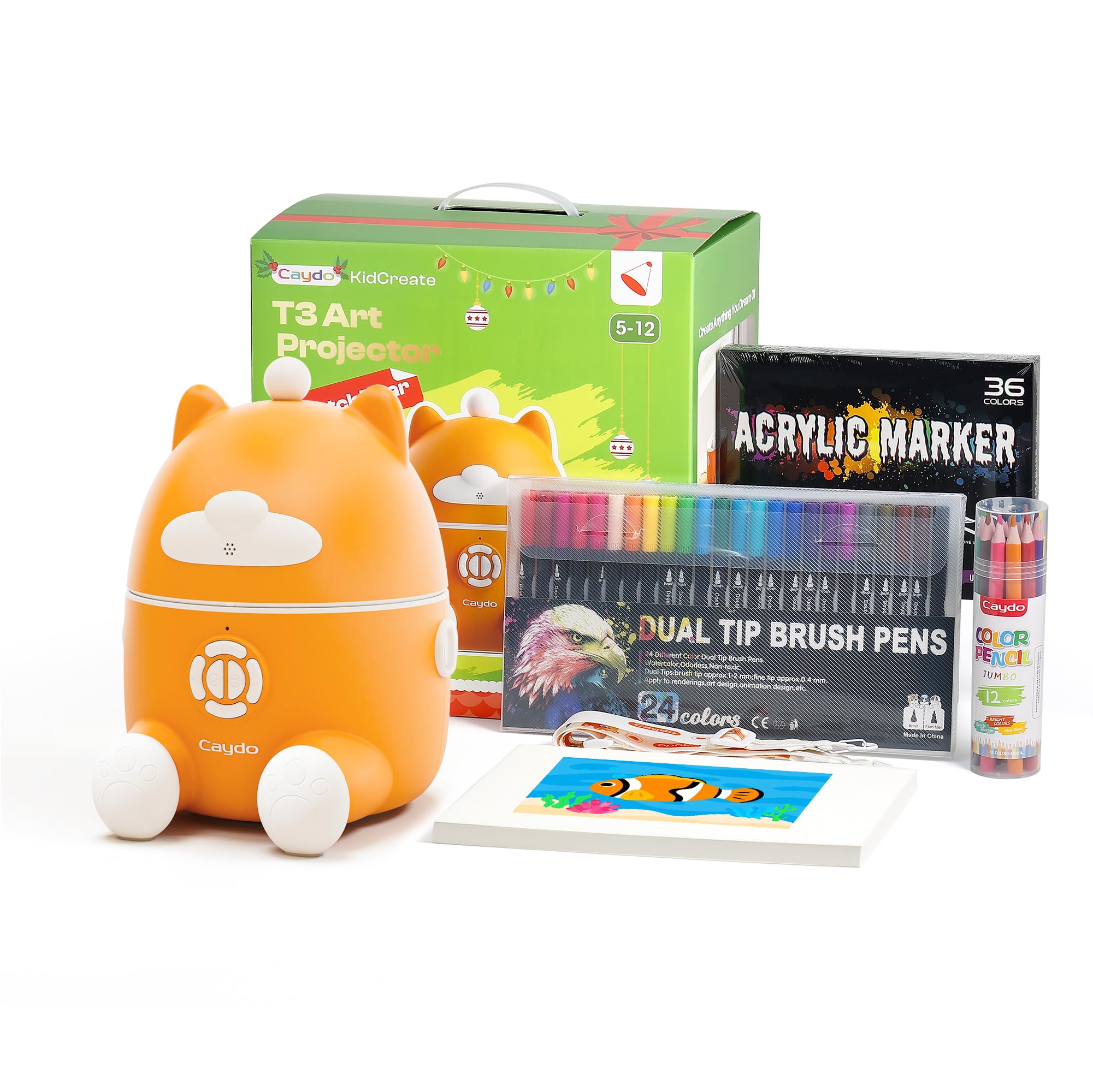 Caydo T3 Smart Drawing Projector Kit, Includes 12 Colored Pencils, 36 Acrylic Paint Markers, 24 Watercolor Markers & 50 Sheet Drawing Paper, Art Gift for Kids Ages 5-10 for Birthday & Christmas