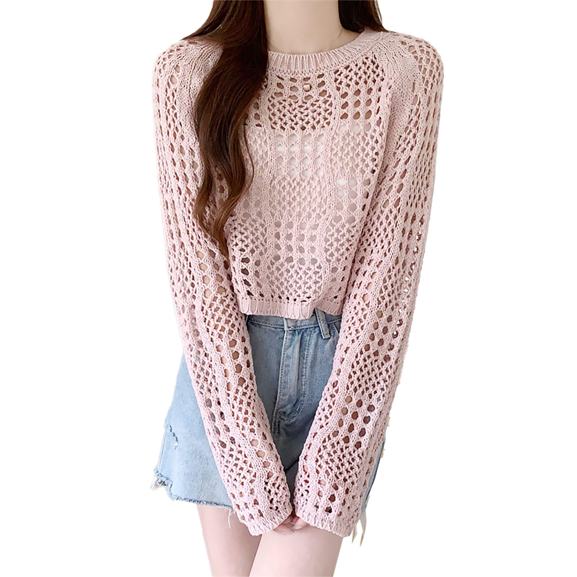 icw Women's Knitted Crochet Transparent Long-Sleeve Hollow Out Sheer Pullover Top T-Shirt Sweater Dn61 (One Size Fit XS-S-M-L)-picture-30