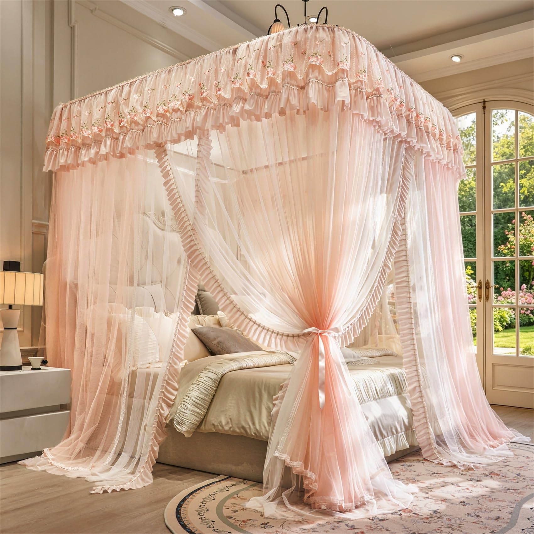 GUOIOOI Bed Canopy Curtain,Romantic Ruffle lace Princess Bed Canopy for Girls,U-Shape Double Layer Cozy Drape Bedroom Decor for Adults,Extra Tall 210cm(Light pink,King/2x2.2M)