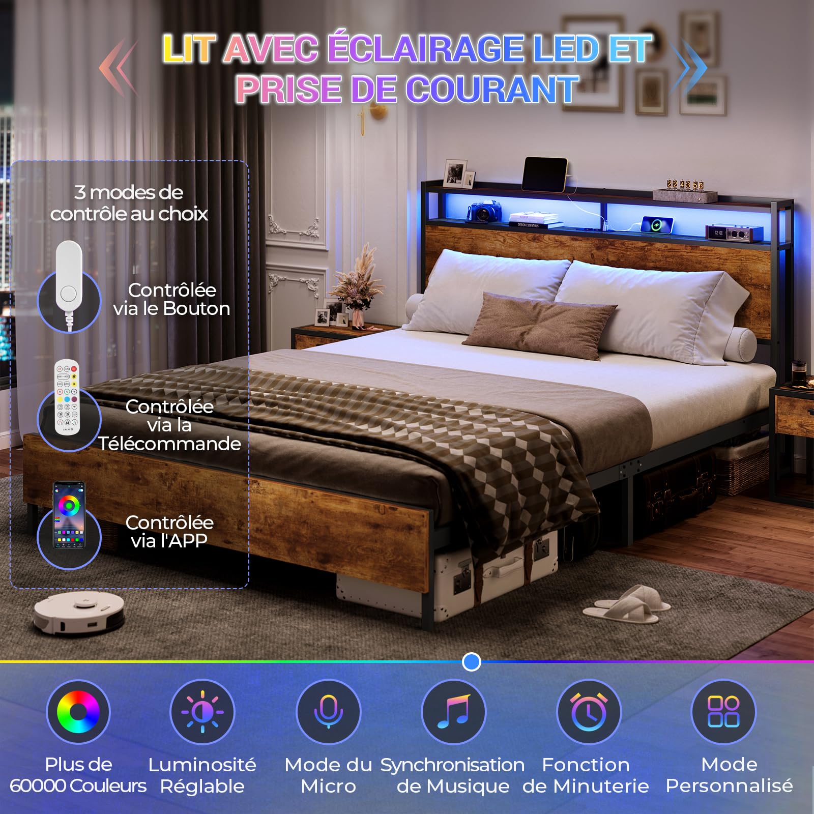 DICTAC lit 140 x 190 avec sommier en Métal, Lit 2 Personnes avec lumières LED et 2Ports USB et 2 Prises de Courant, Cadre de Lits 140x190 avec tête de lit,21.5 cm Espace de Rangement,Marron Vintage