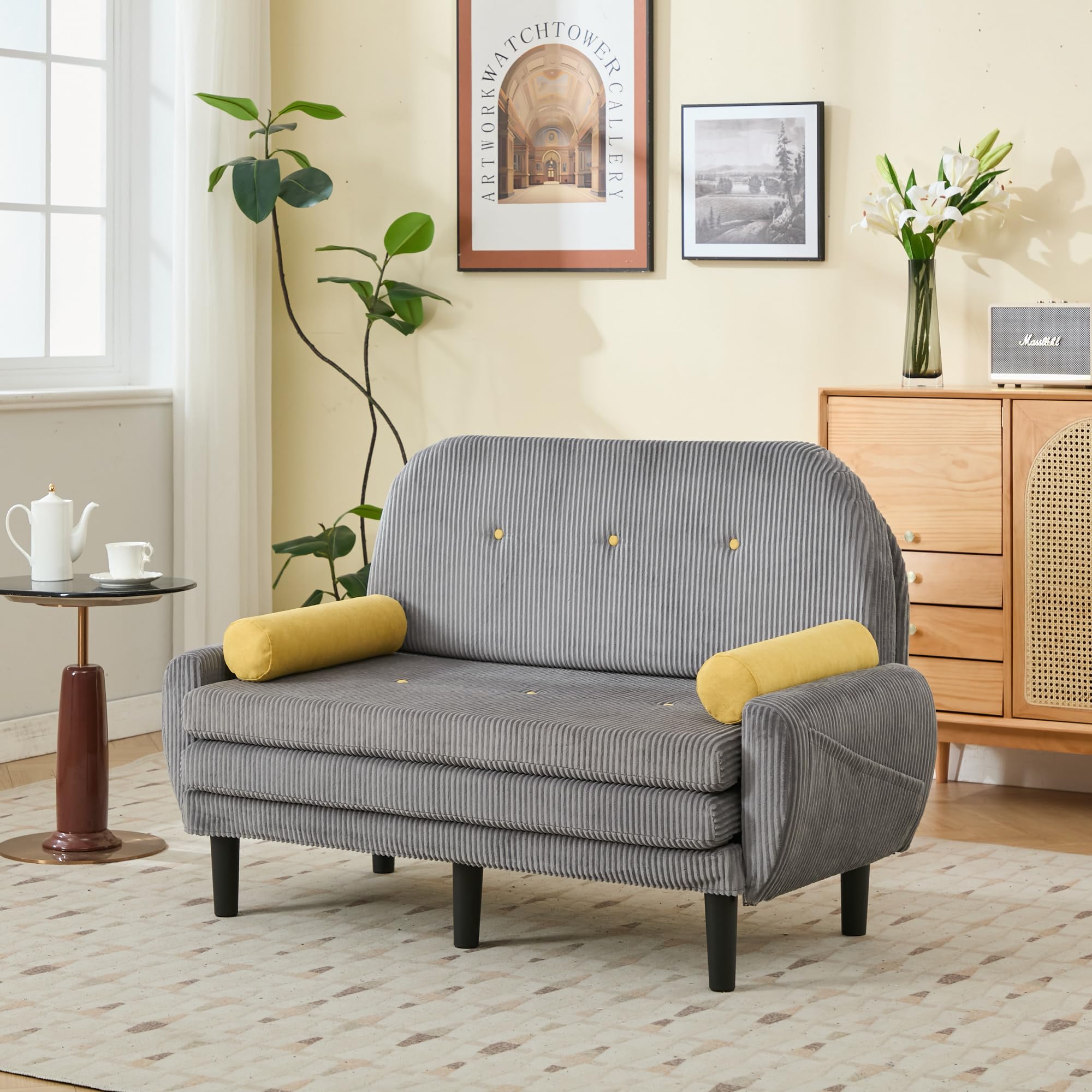 Sofa mit Schlaffunktion, Schlafsofa Klein, Cord Sofa 2 Sitzer, Kann als Sofa, Bett und Liegestuhl, Samtpolsterung für Wohnzimmer und Schlafzimmer, 180 * 128 * 53cm (Grau)
