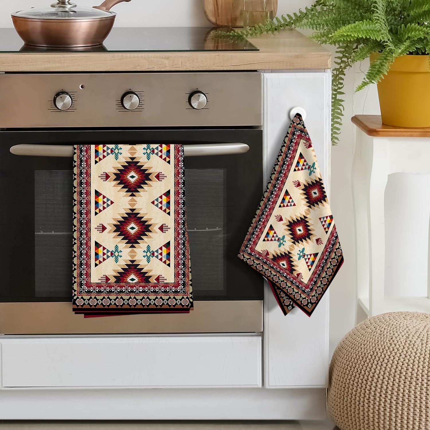 Western Aztec Boho Kitchen Towel Set of 2, Southwestern Native American Decorative Dish Towels Absorbent Red Vintage Hand Drying Cloth Holiday Housewarming Gifts Aztec Kitchen Decor 16"x24" - Image 4