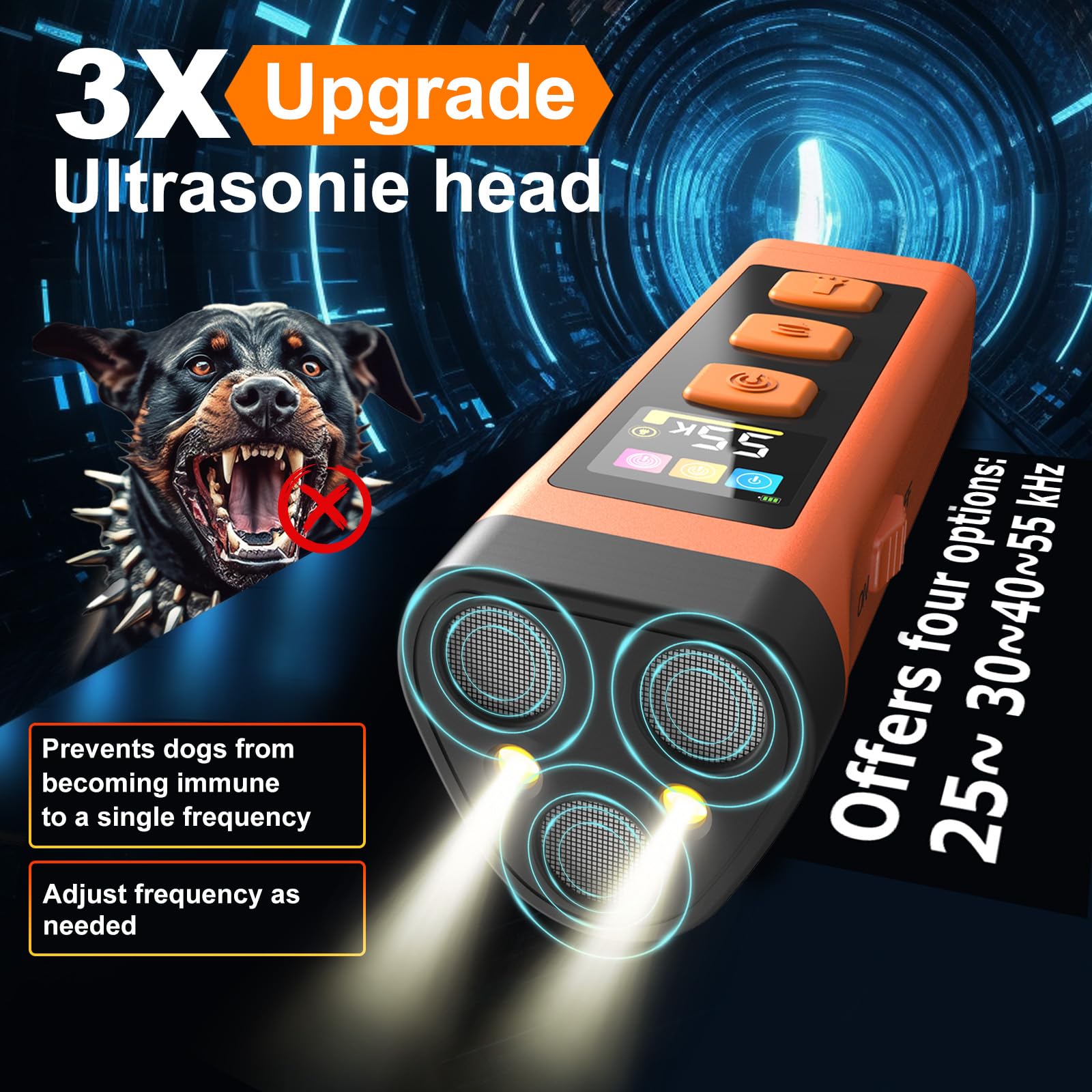 Juego de 2 dispositivos antiladridos para perros con pantalla a color, recargable, 2000 mAh, con 4 ajustes de frecuencia (25/30/40/55 kHz), alcance de 20 m, seguro y eficaz para su uso en