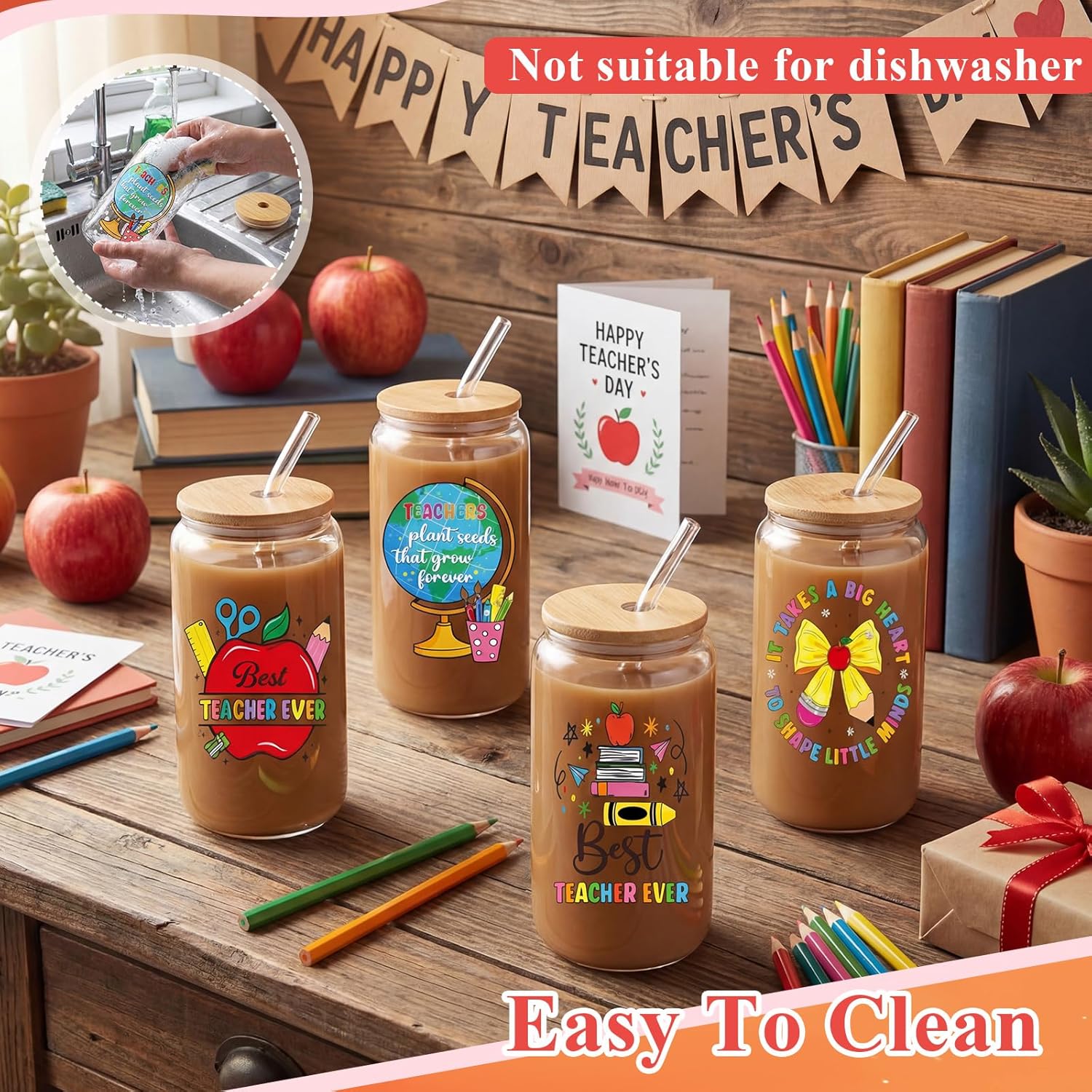 Zubebe 4 Pcs 16 oz Teacher Appreciation Gifts 2026 Graduation Gifts for Women Men Thank You Teacher Gift Glass Coffee Cups Tumbler with Bamboo Lids, Glass Straw and Cleaning Brush(Funny)
