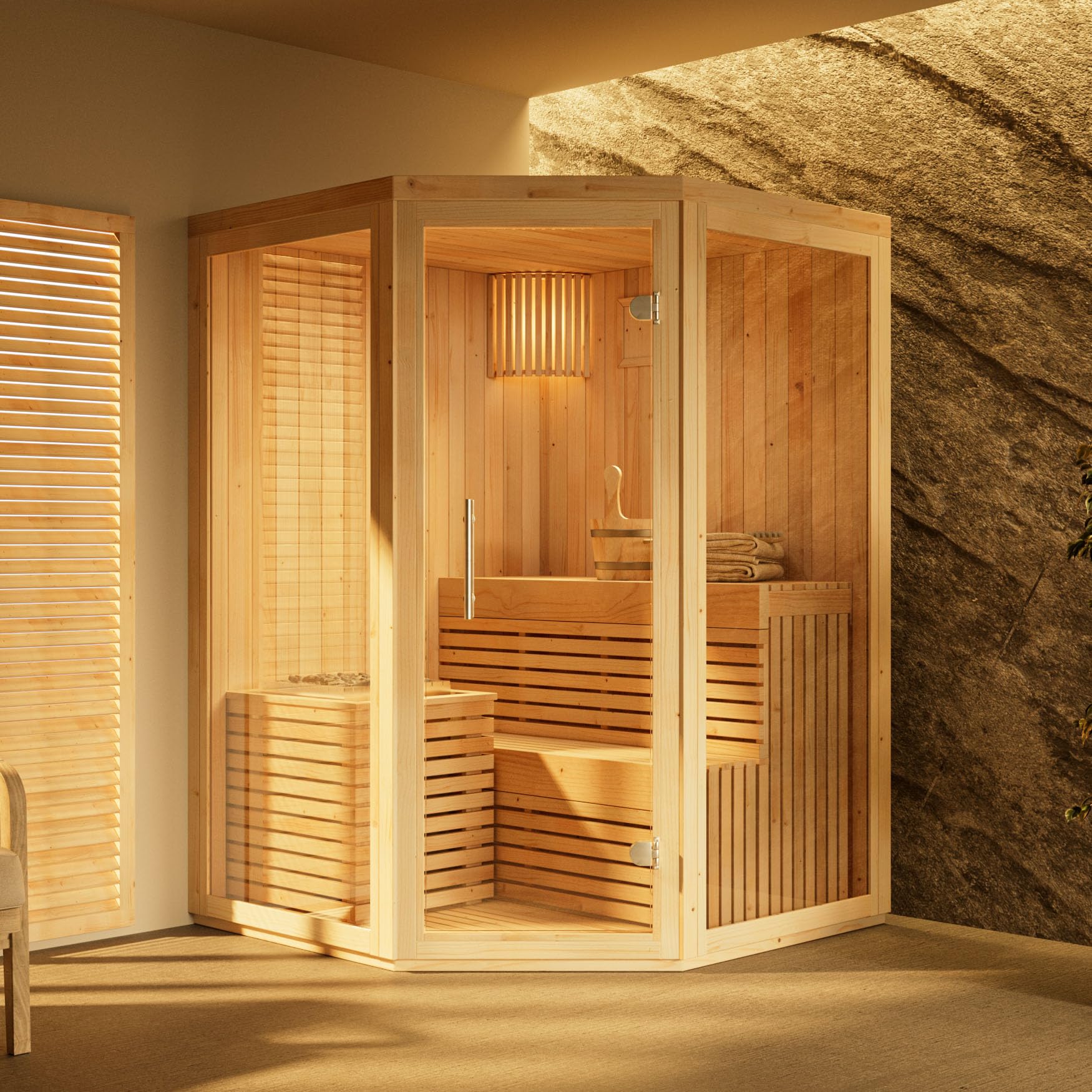 Innensauna Ylva, Ecksauna mit Glasfront für 2 Personen, Innenmaße: B 129 x T 129 x H 191 cm, Hochwertige Saunaliegen, Vorgefertigte Elemente