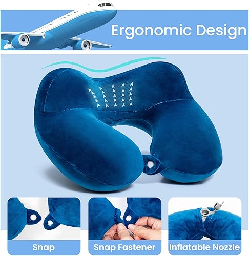 Miniatura 4 de Almohada inflable de viaje suave de terciopelo portátil con bolsa de almacenamiento para avión, tren, coche, oficina