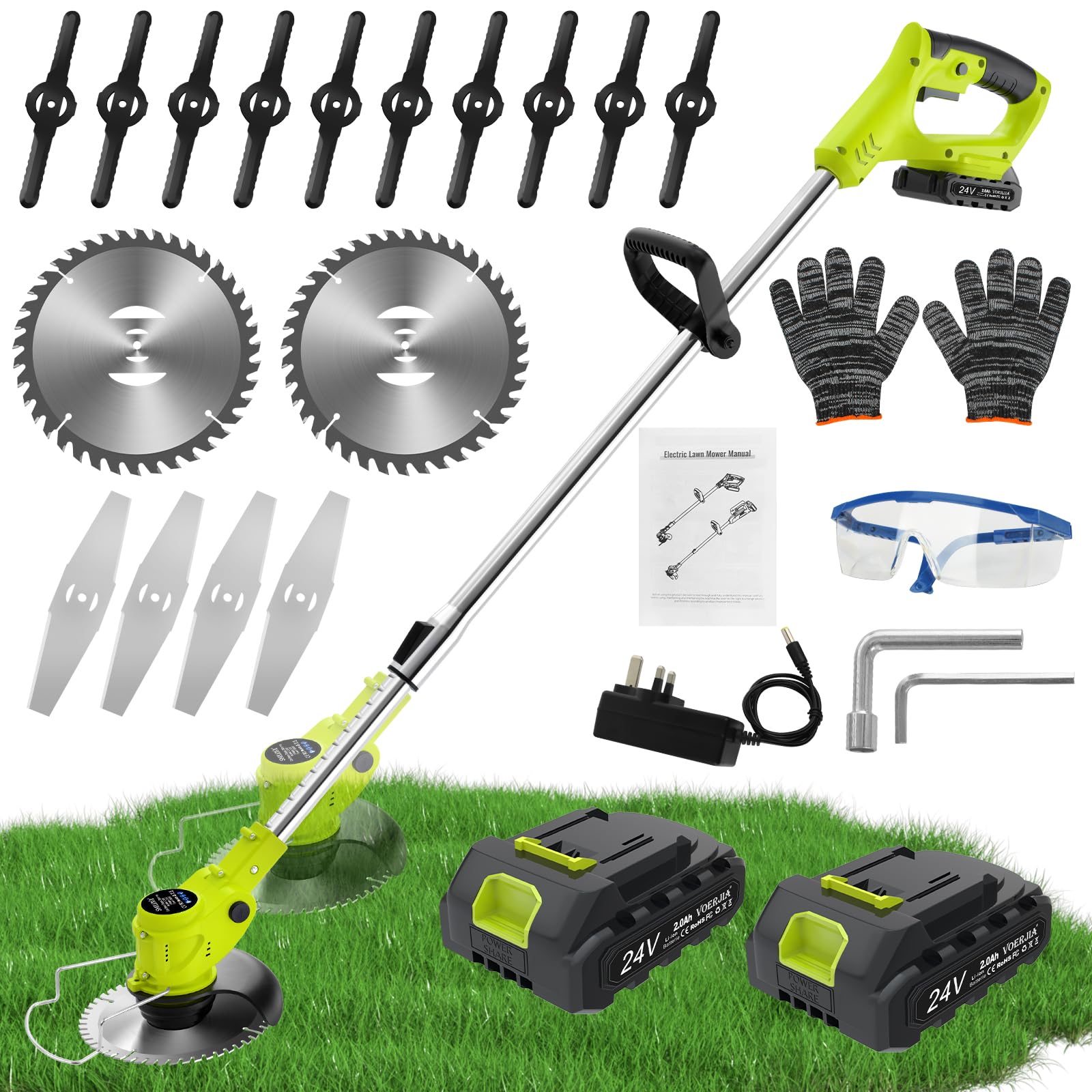 VOERJIA Rasentrimmer Akku 21V mit 2 Akkus und Ladegerät, Freischneider Akku 24000U/min mit LCD-Anzeige, Akkurasentrimmer mit 4-in-1 Mähsystem inkl. (Profi-Ausführung) (Garten-Set)