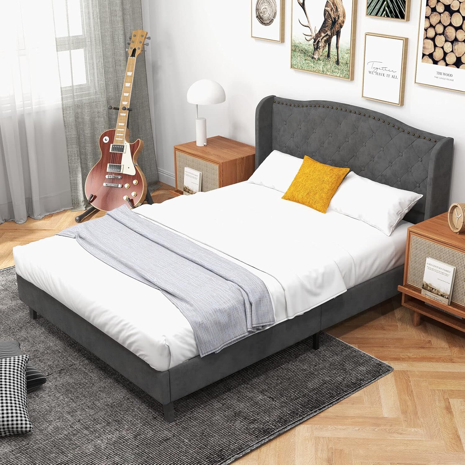 GORELAX Upholstered Full Bed Frame, Low Velvet Mattress Foundation w/Wood Slats & Noise-Free EVA Foam, Button Tufted Wingback Headboard, No Box Spring Needed, Double Platform Bed Frame Full Size