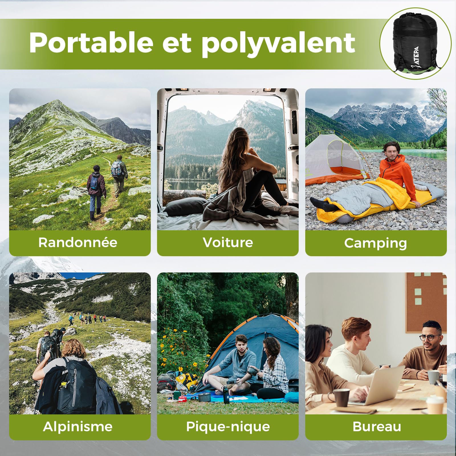ATEPA Sac de couchage en duvet, sac de couchage d'extérieur pour la chaleur et l'eau, 3 en 1, convient pour 3 saisons, idéal pour les adultes en voyage, camping, peut être combiné avec un tapis