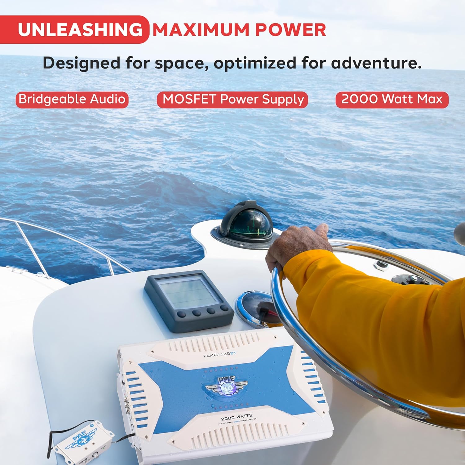 Pyle 2.1 Bluetooth Marine Amplifier Receiver - Waterproof 6 Channel Wireless Bridgeable Audio Amp for Stereo Speaker with 2000 Watt Power Dual MOSFET Supply GAIN Level and LED Indicator - PLMRA630BT