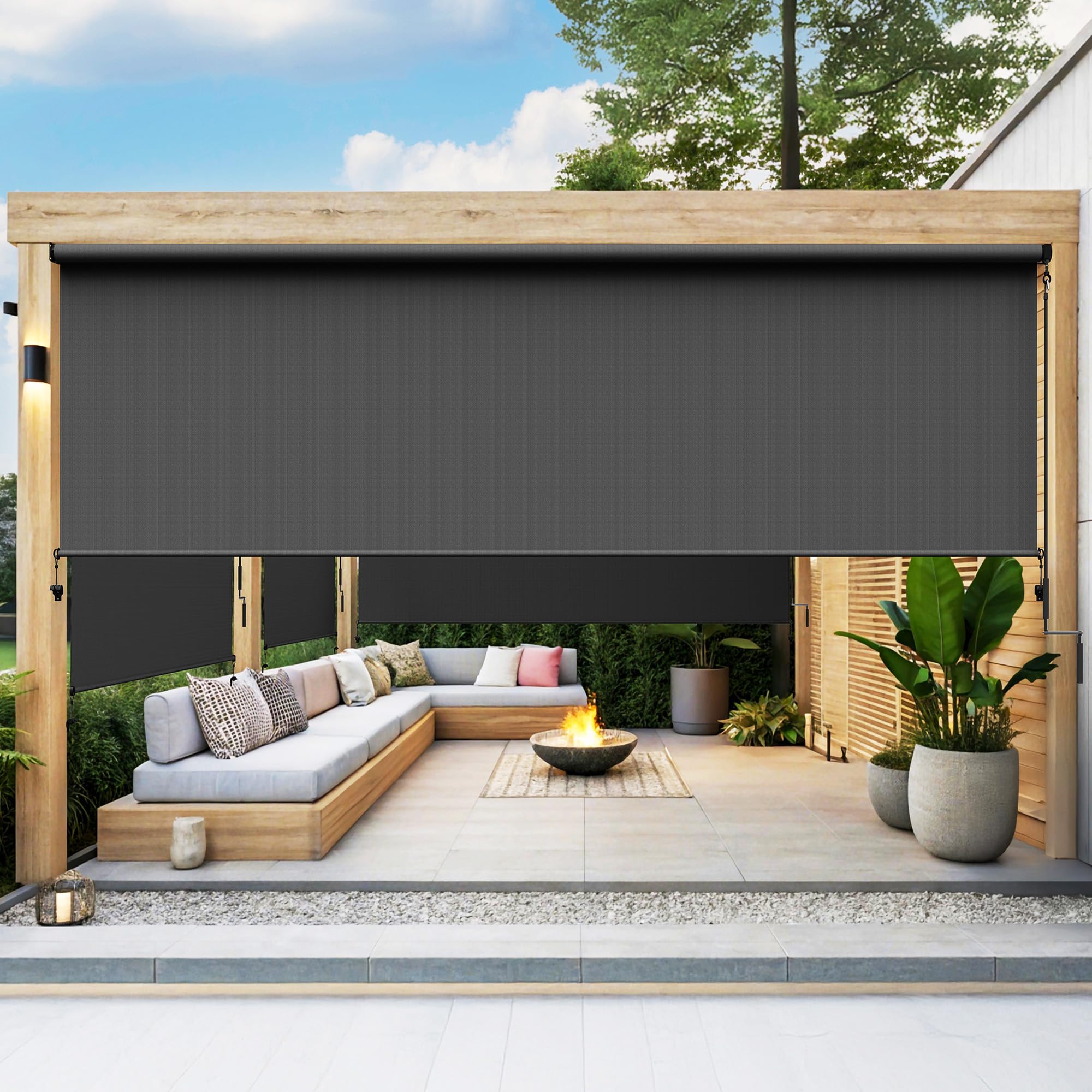 Photo 1 of Outdoor Roller Shades for Patio New Material with 95% UV Protection, Cordless Patio Shades Roll Up Outdoor Blinds with Crank Handle for Shading, Protect Privacy, No Valance, (6' W X 8' L), Black