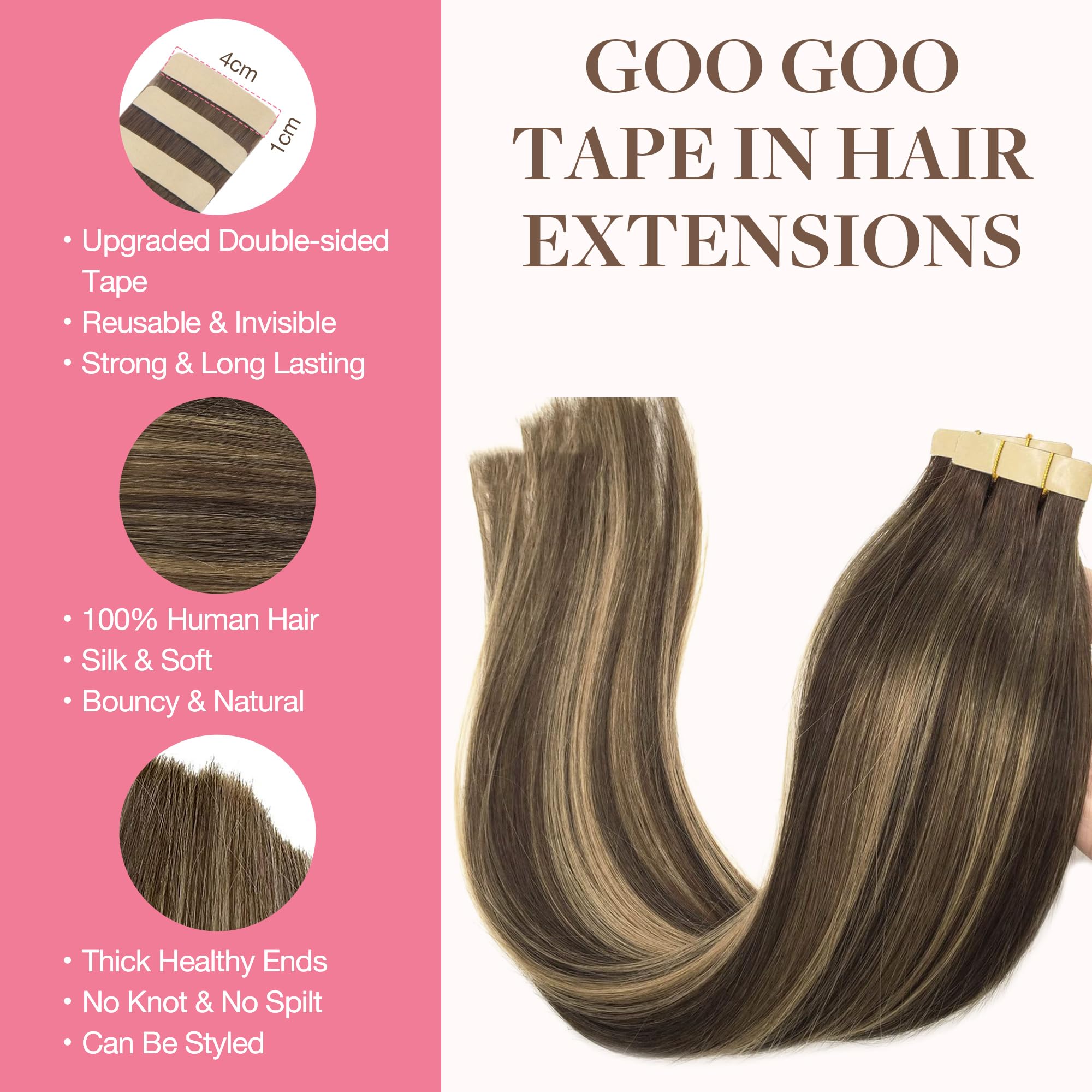 GOO GOO Tape in Hair Extensions Human Hair, 22inch 100g 40pcs, Real Remy Hair Extensions Seamless Straight Tape in - Image 2