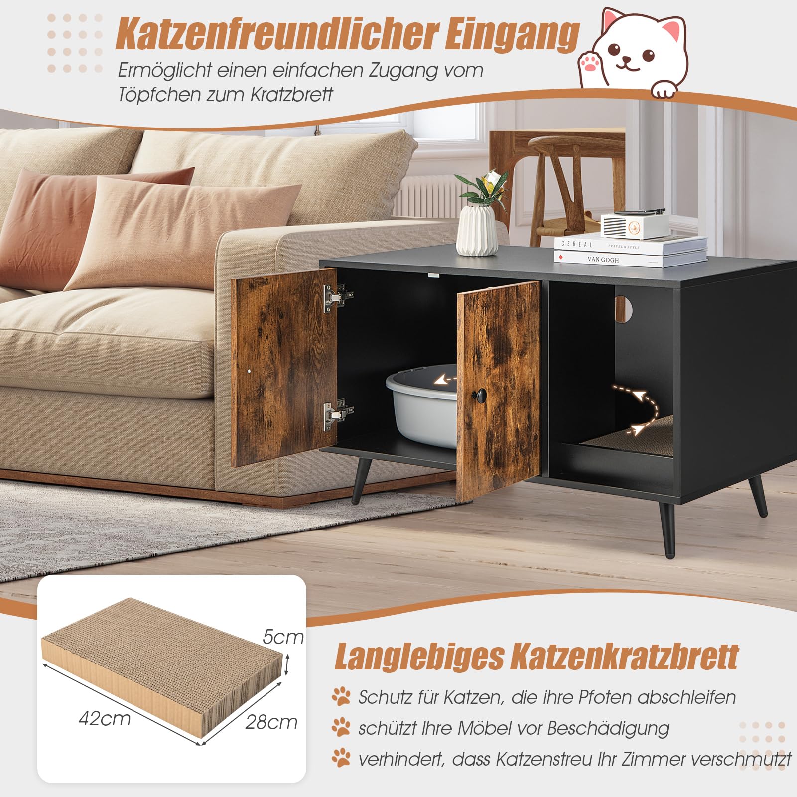 GOPLUS 2 in 1 Katzenschrank für Katzentoilette, Katzenhaus Holz mit Türen, Stahlbeine, abnehmbare Kratzbox, Wasser- und Kratzfest, Katzenhöhle für Katzen Haustier, 90x50x50cm (Vintage)