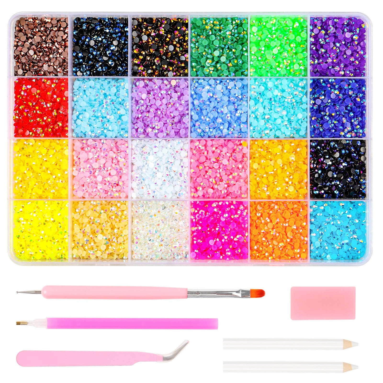 17000 Pieces Rhinestones for Nails, 4 mm Nail Art Rhinestones, 24 Colours Glitzer Steine for Crafts,Flatback Gemstones, Round with Tweezers and Dotting Pen for DIY Crafts Nails Clothing