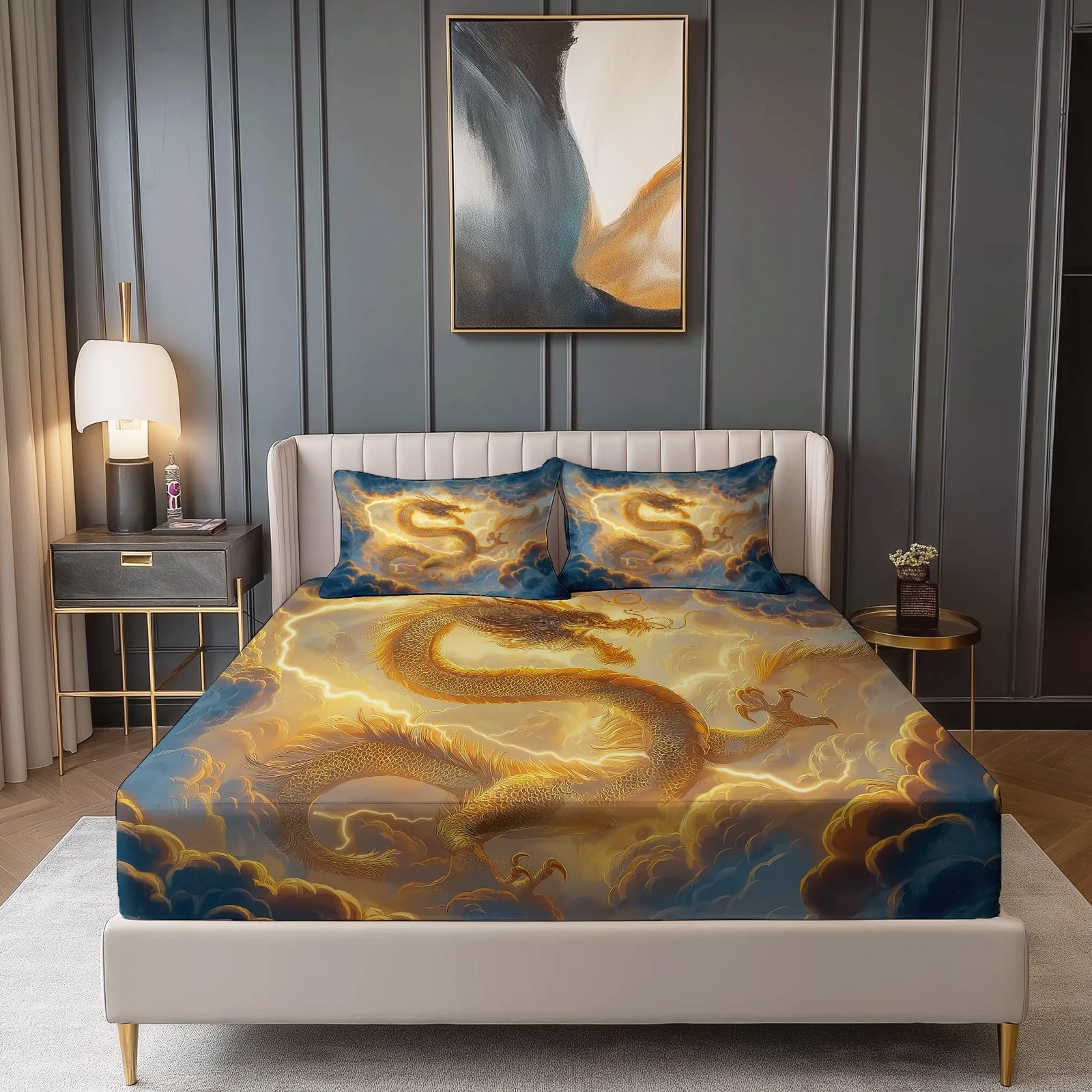 Juego de sábanas bajeras ajustables para adultos, 140 x 200 cm, suave, transpirable, microfibra, estampado oriental, tradicional, diseño de dragón, para niños, niñas, adolescentes, color gris y azul
