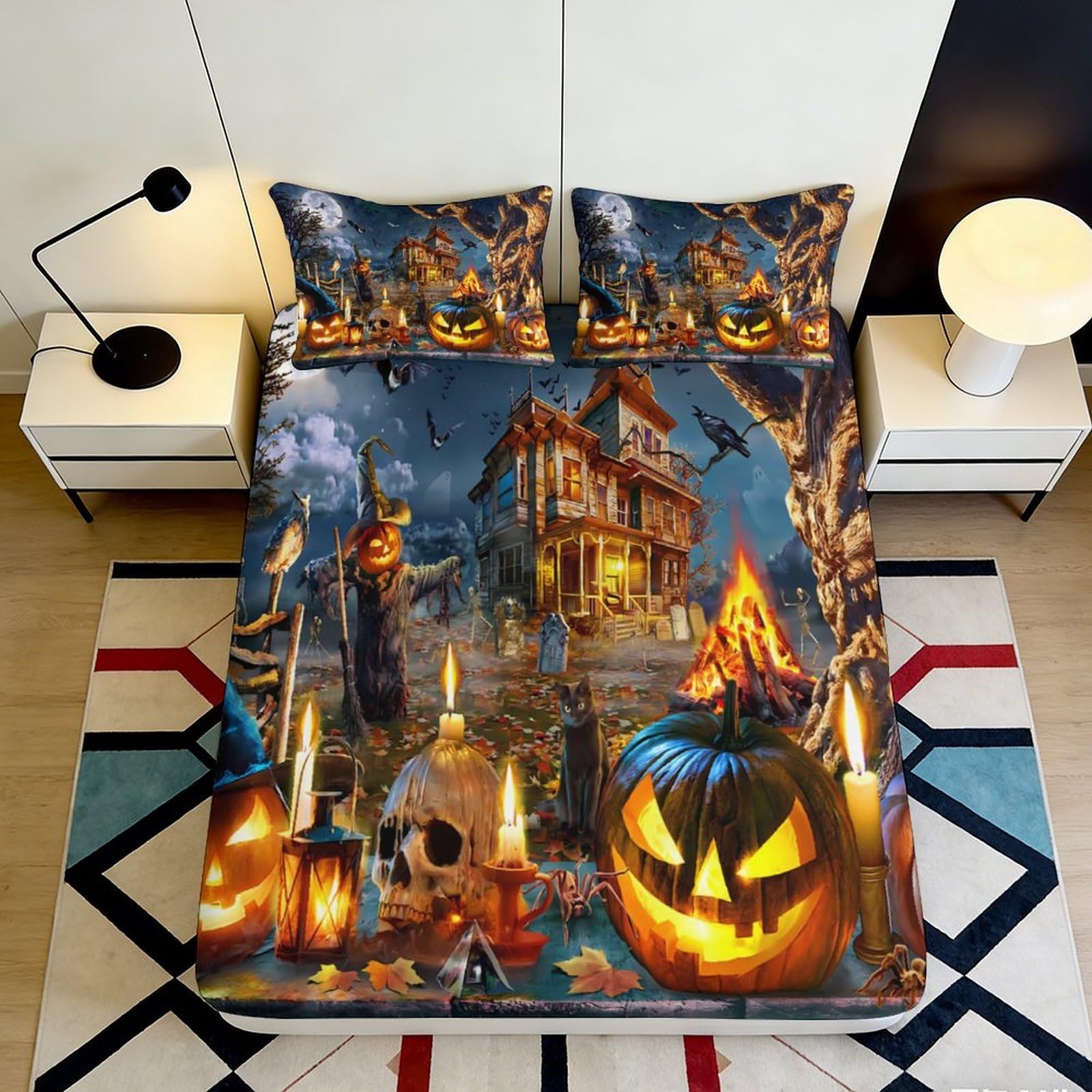 3D Printed Haunted House Fitted Sheet Microfiber Halloween Pumpkin Mattress Cover for Bedroom Dorm Room Decor 90x200x25cm