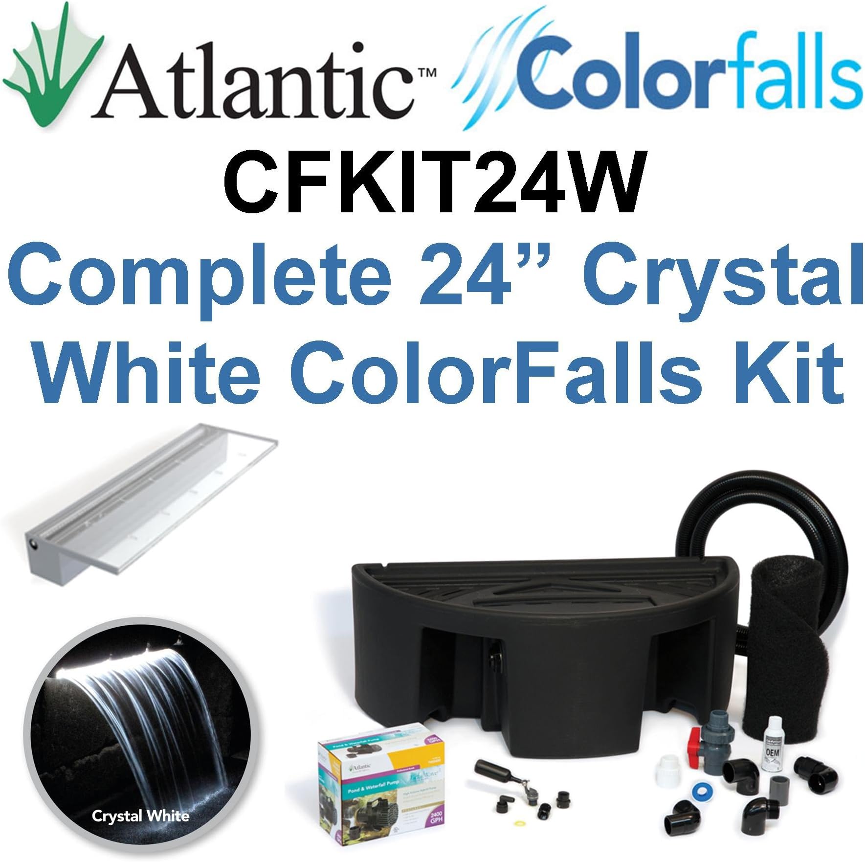 Atlantic Water Gardens CFKIT24W Complete Crystal White Colorfalls Lighted Falls Kit - 24" Spillway, Basin, Pump, Hose & Fittings