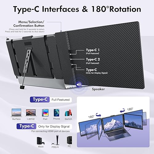 Miniatura 4 de Kwumsy Extensor de pantalla triple para laptop, ultra delgado de 14 pulgadas, FHD 1080P IPS, monitor portátil dual para laptop, extensor de monitor