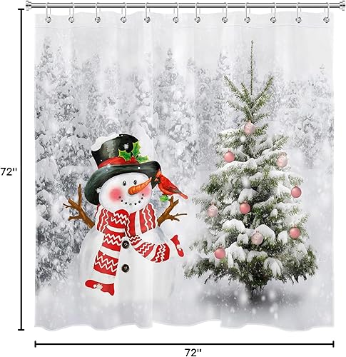 Miniatura 8 de MEUNEAR Cortina de ducha de muñeco de nieve de Navidad, bola de Navidad rosa sobre pino, cortina de ducha de invierno para baño, cubierta de bosque