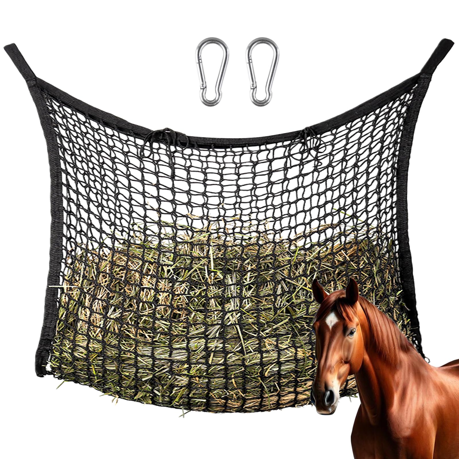PORFOYO Filet à foin pour chevaux - 120 x 90 cm - Maille étroite avec 2 mousquetons - Filet d'alimentation avec boucle de sécurité - Capacité 10 kg - Filet à foin pour chevaux